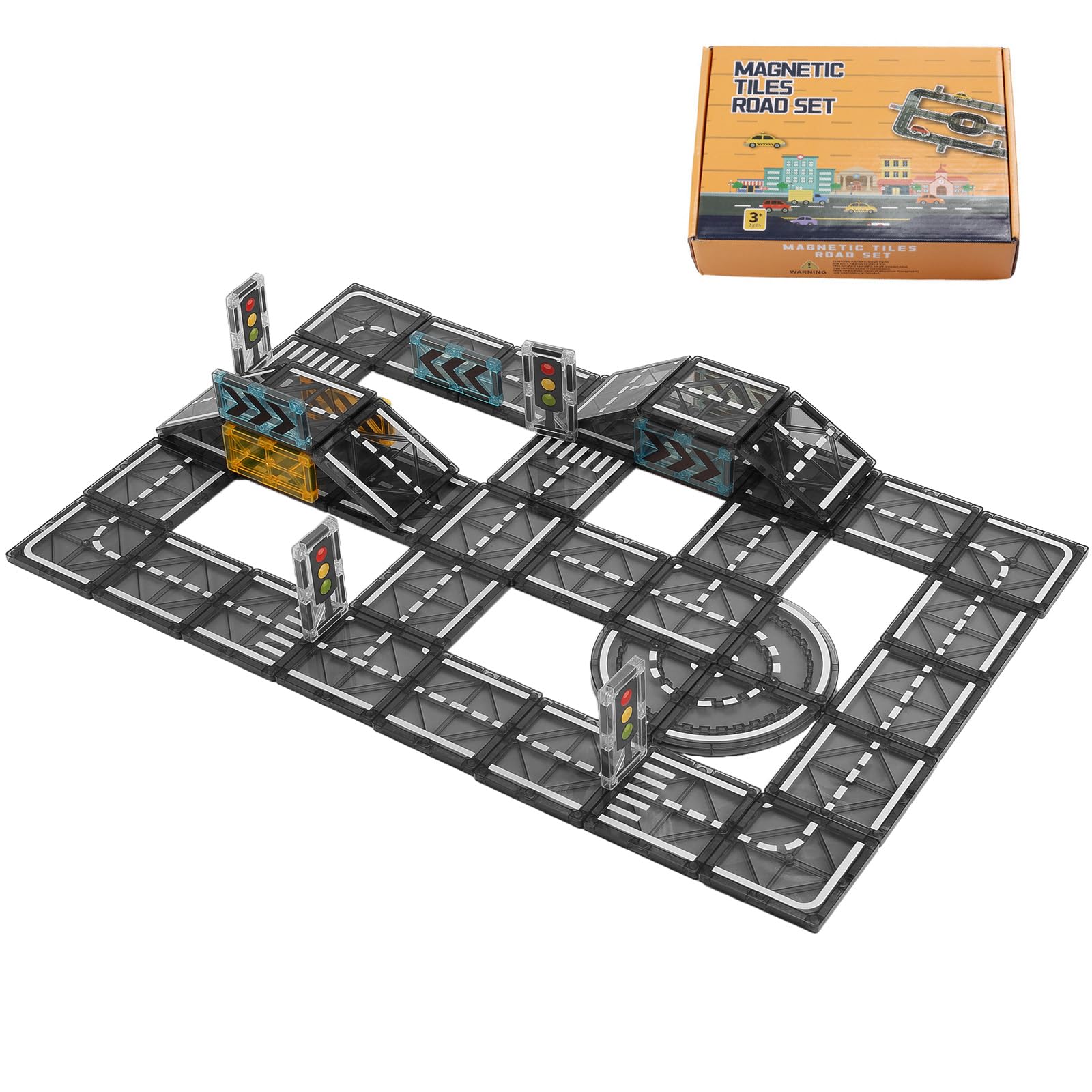 SUNZWO 50pcs Magnetic Tiles Road Set, Building Blocks for 3+ Year Old Boys Girls, Construction Educational Toys With Magnetic Tiles for Toddlers 3-5 5-7