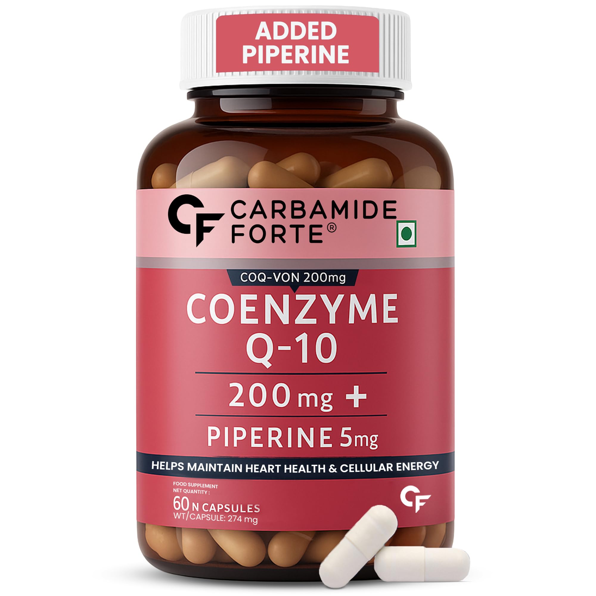 Carbamide Forte Coenzyme Q10 200mg supplement with Piperine 5mg | CoQ10 Helps Maintain Heart Health & Cellular Energy – 60 Capsules