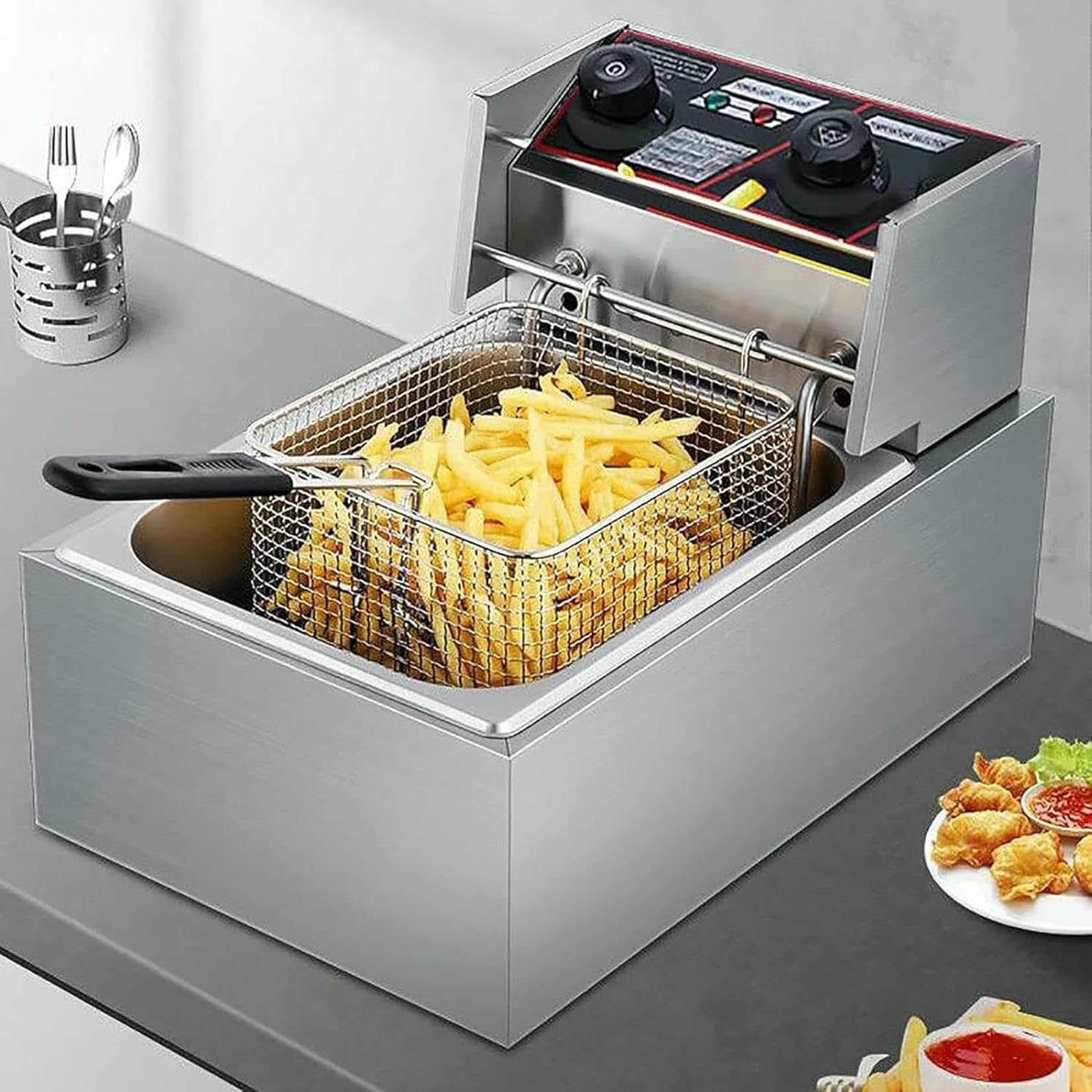 Friggitrice professionale, friggitrice elettrica da banco per uso commerciale e domestico, friggitrice elettrica in acciaio inox spesso con cestelli e coperchi per cucina domestica e ristorante~/