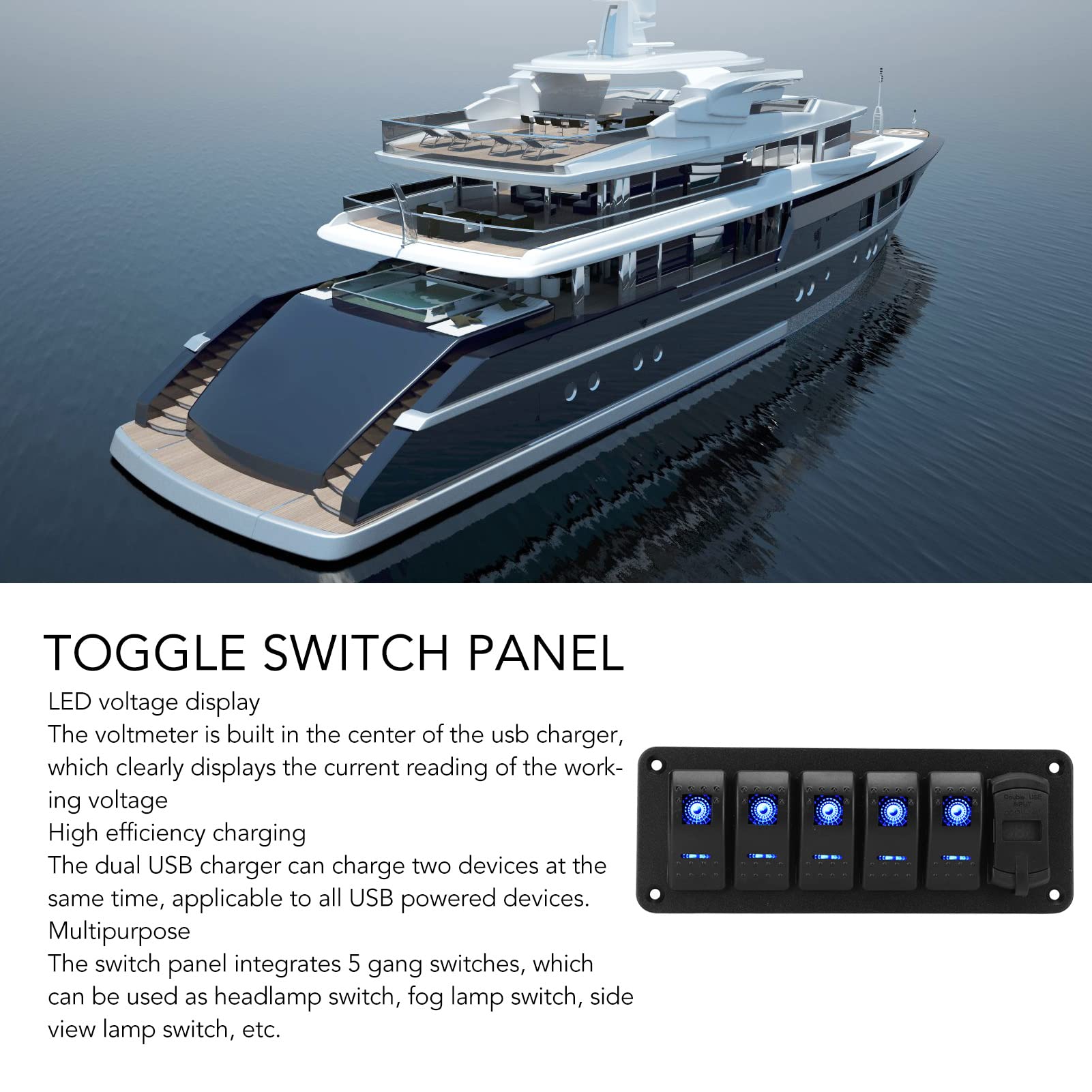 Panel przełączników kołyskowych 5-krotnych z podwójną ładowarką USB i wyświetlaczem napięcia LED, sterowanie włącznikiem prądu stałego 12 V-24 V dla jachtu ciężarowego RV