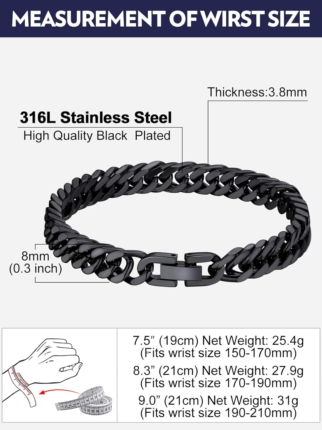 Bandmax Cuban Chain Bracelets for Men Women, Stainless Steel/Black/Gold Plated Hip Hop Chunky Miami Curb Link Wristlet Bracelet Gift for Son Grandson Husband Father - Image 6