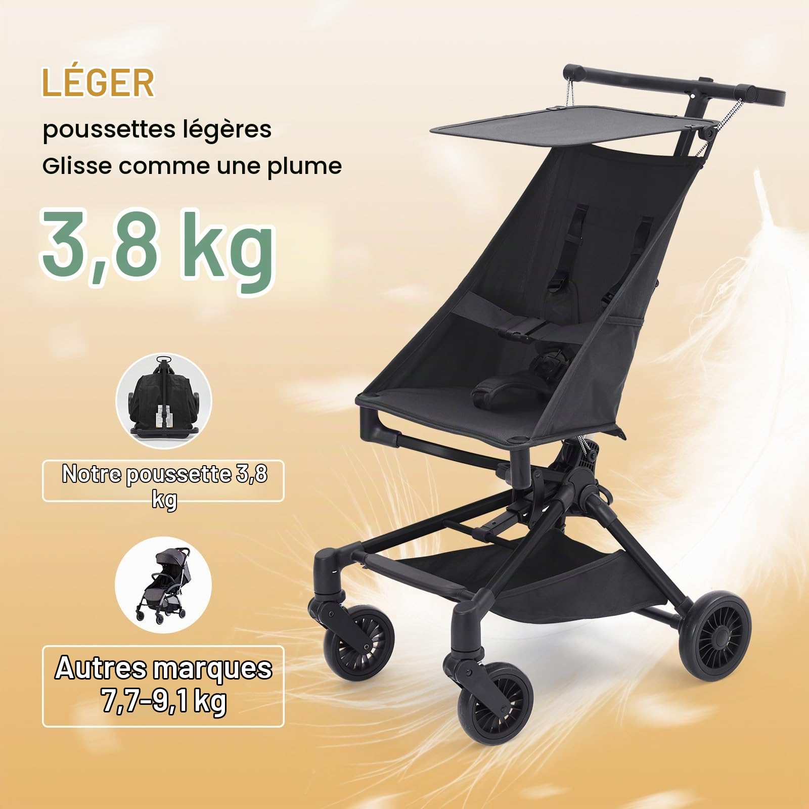 Poussette Canne Compacte Pour Bébé 0-3 Ans, Ultra Légère 3.8 kg, Pliable Et Facile à Transporter, Idéal Pour Les Voyages, U1107 - Tube En Fer, Tissu Oxford 600D, Noir