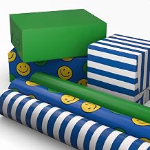 Hallmark Image Arts Birthday Wrapping Paper Mini Rolls, 3-Pack (Blue Stripes, Solid Green, Smiley Faces) for Kids Parties, Graduations, Father's Day, Easter, Any Occasion - 27 Sq. Ft. Total