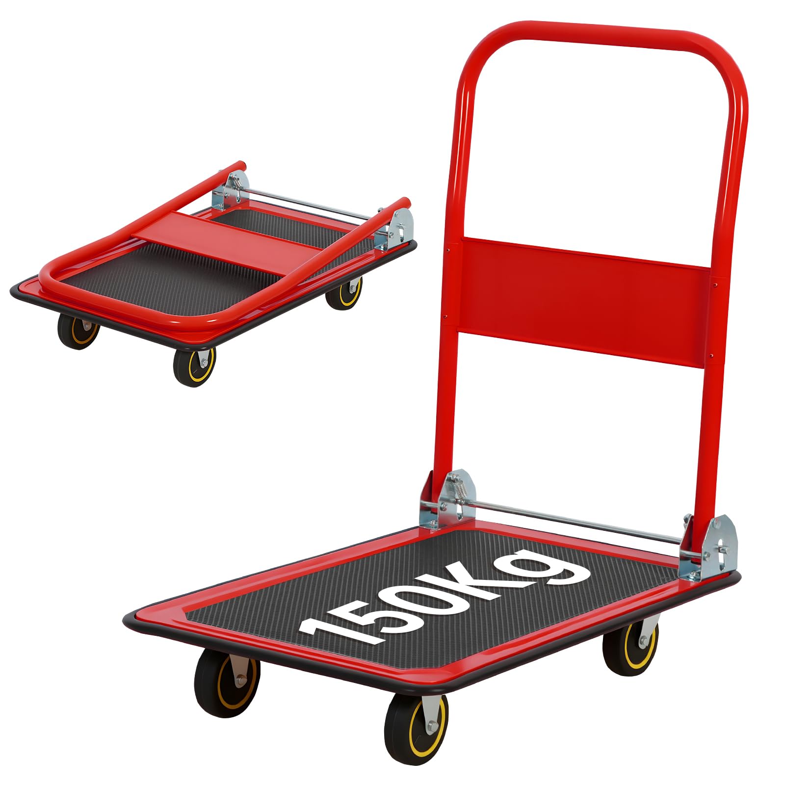 Panana Red Platform Truck, Foldable Trolley With 150Kg Load Capacity, Push Hand Cart, Flat Bed Moving With Swivel Wheels For Loading And Storage