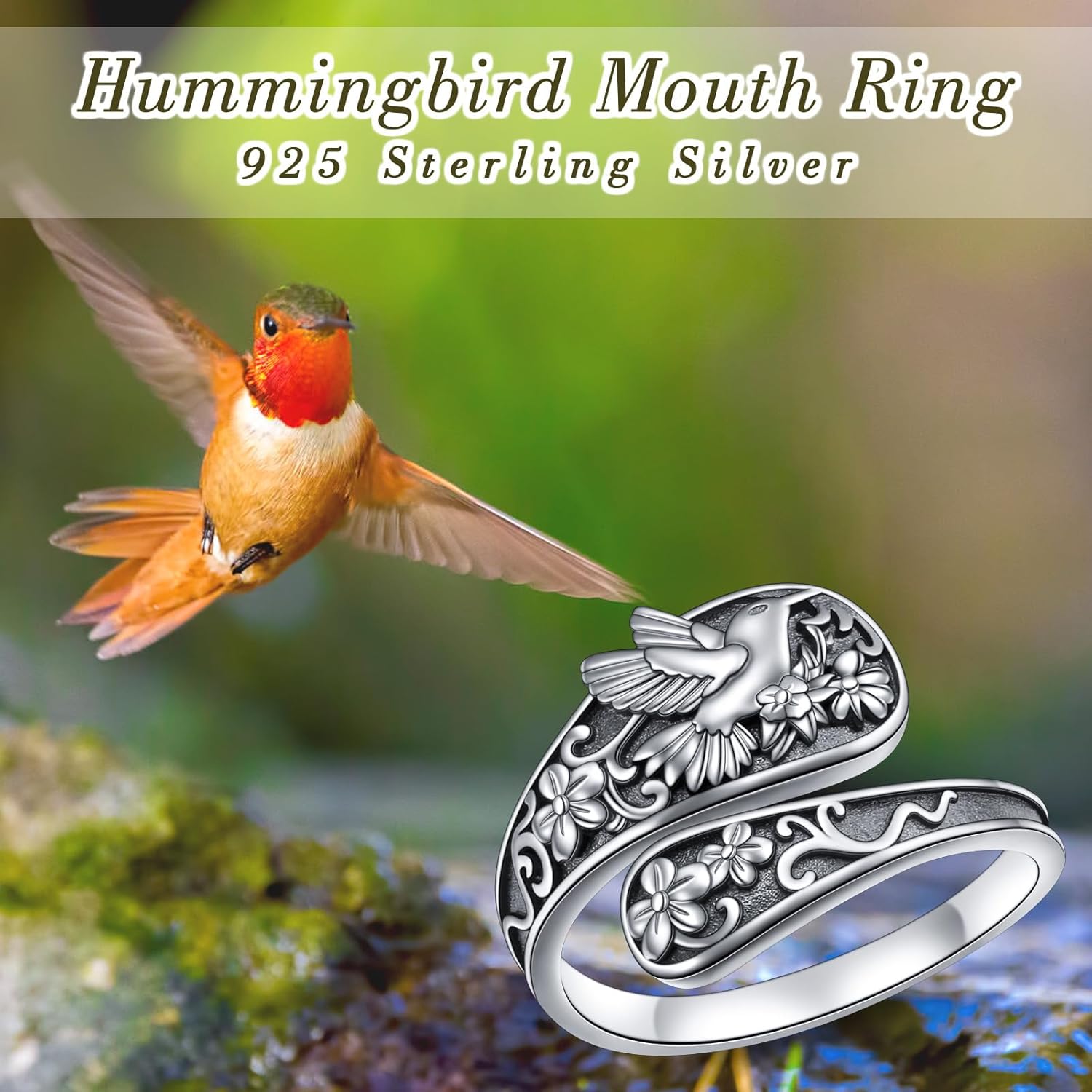 925 Sterling Silver Hummingbird/Sunflower Turquoise/Moonstone/Lily of the Valley Flower Spoon Ring Adjustable Open Ring Statement Thumb Ring Jewelry for Women
