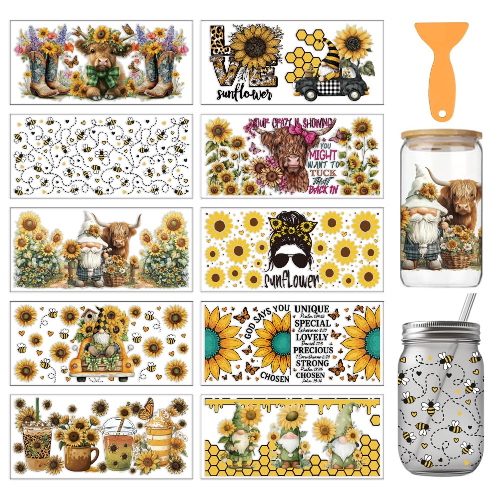 arricraft 10 Sheets UV DTF Cup Wrap for 16OZ Glass, Sunflowersl Highland Cattle Bees Rub on Decals PVC Transfer Stickers for DIY Cups Wood Funiture 24x11cm/9.4x4.3inch — image 1