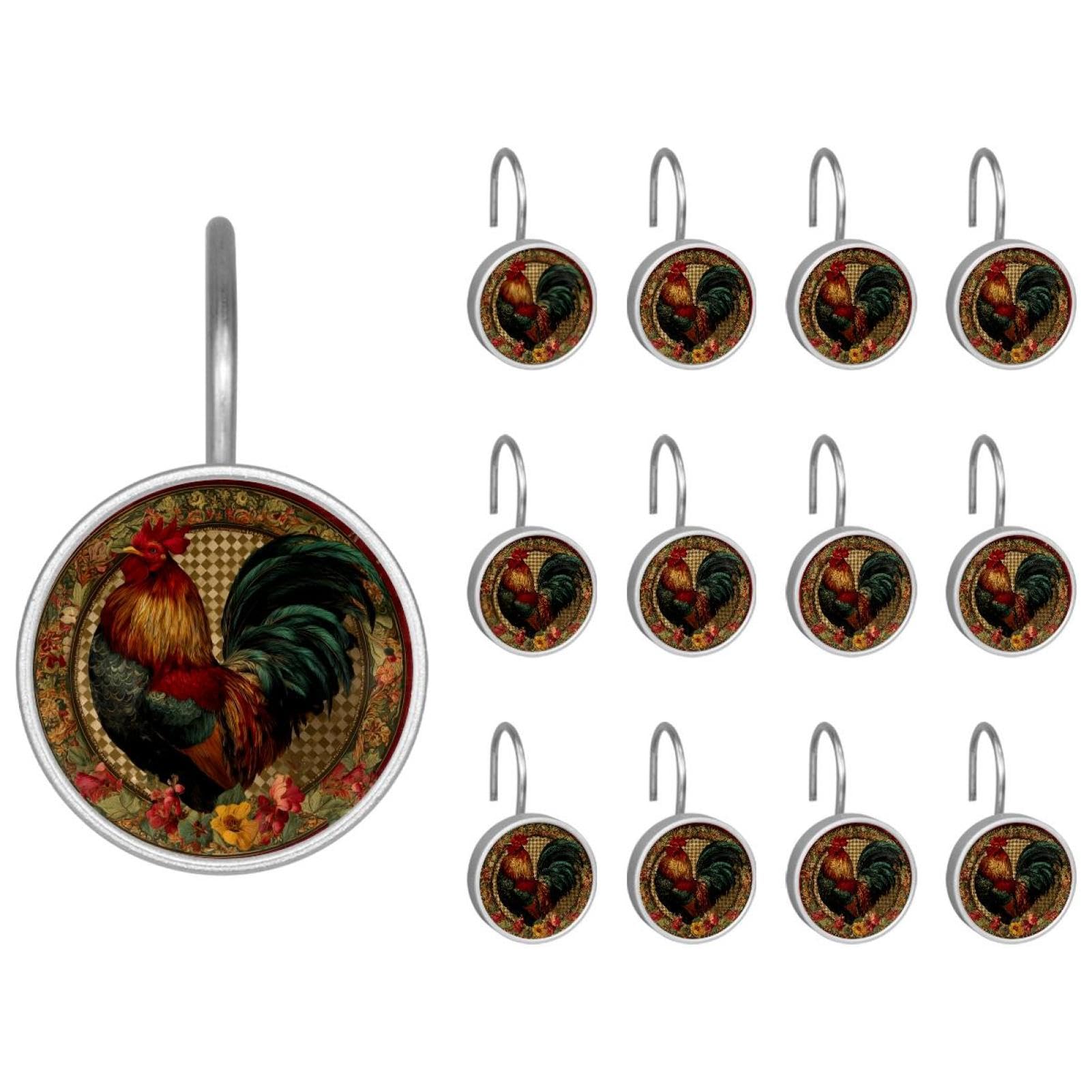 Retro Rooster Decorative Shower Curtain Hooks Rings, Shower Hooks for Bathroom Shower Rods Curtains, 12pcs Shower Curtain Hooks