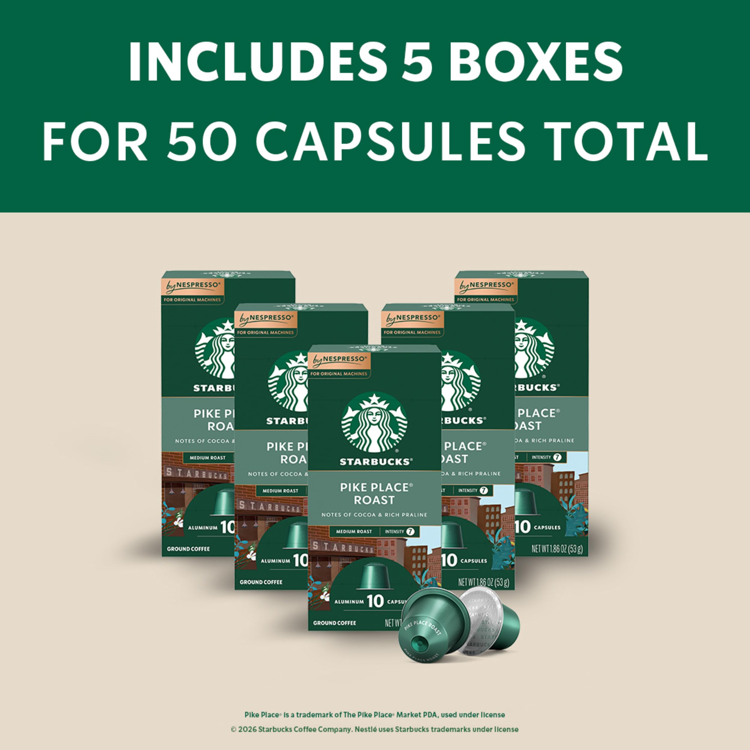 Starbucks by Nespresso, Pike Place Roast (50-count single serve capsules, compatible with Nespresso Original Line System)