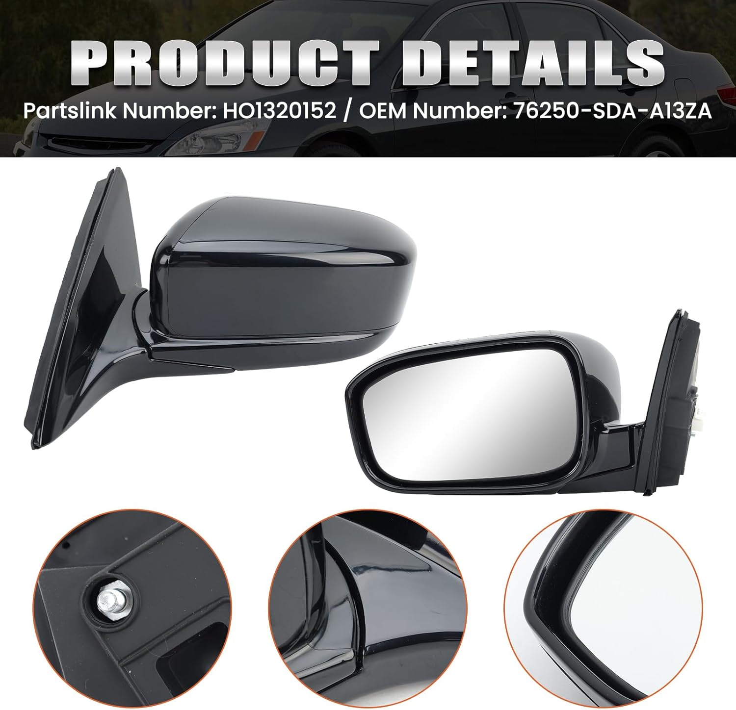 Left Driver Side Mirror Compatible with Honda Accord 2003 2004 2005 2006 2007 Non-Heated Manual Folding Power Glass Door Mirrors Paintable Black Partslink #HO1320152