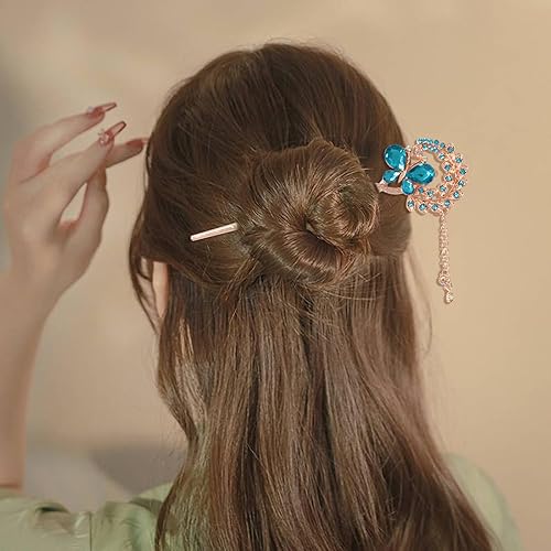 Miniatura 5 de Honbay Moda Largo Pelo Decoración Chino Estilo Tradicional Retro Borla Aleación Azul Mariposa Palo Pelo Palillos Horquilla Chignon Pin