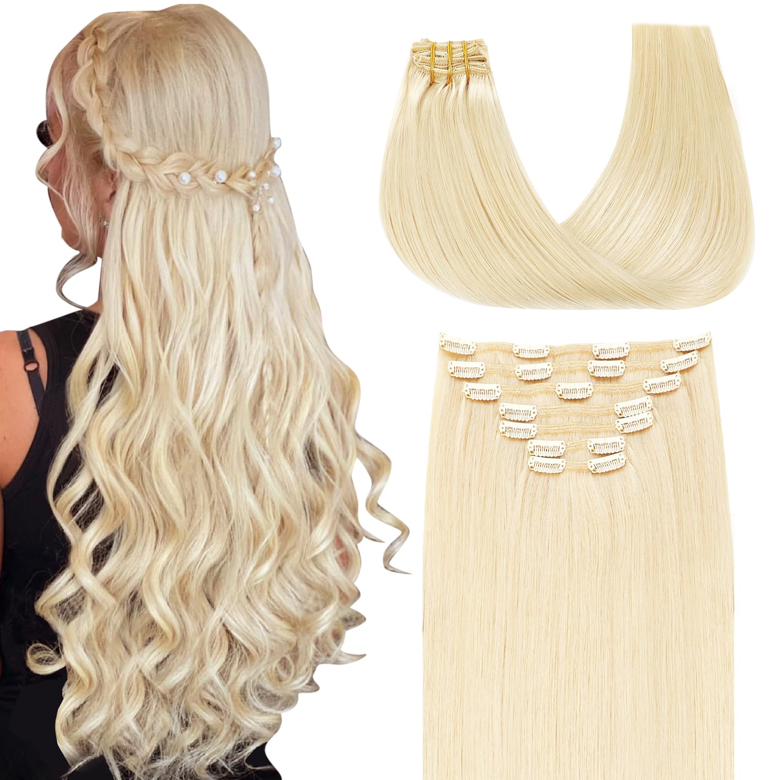 SURNEL Extensiones Clip Pelo Natural 100g 40cm 6 Piezas Rubio Platino Claro Extensiones De Clip De Humano Real Extensiones Pelo Remy Natural (C#60-40cm) — view 18