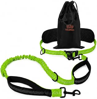 Hands Free Dog Leash, Adjustable Waist Belt 27-51", 2 Reflective Padded Handles, Comfortable Shock Absorbing Bungee, Medium Large Dog 25-125lbs, Walking Jogging Running Green