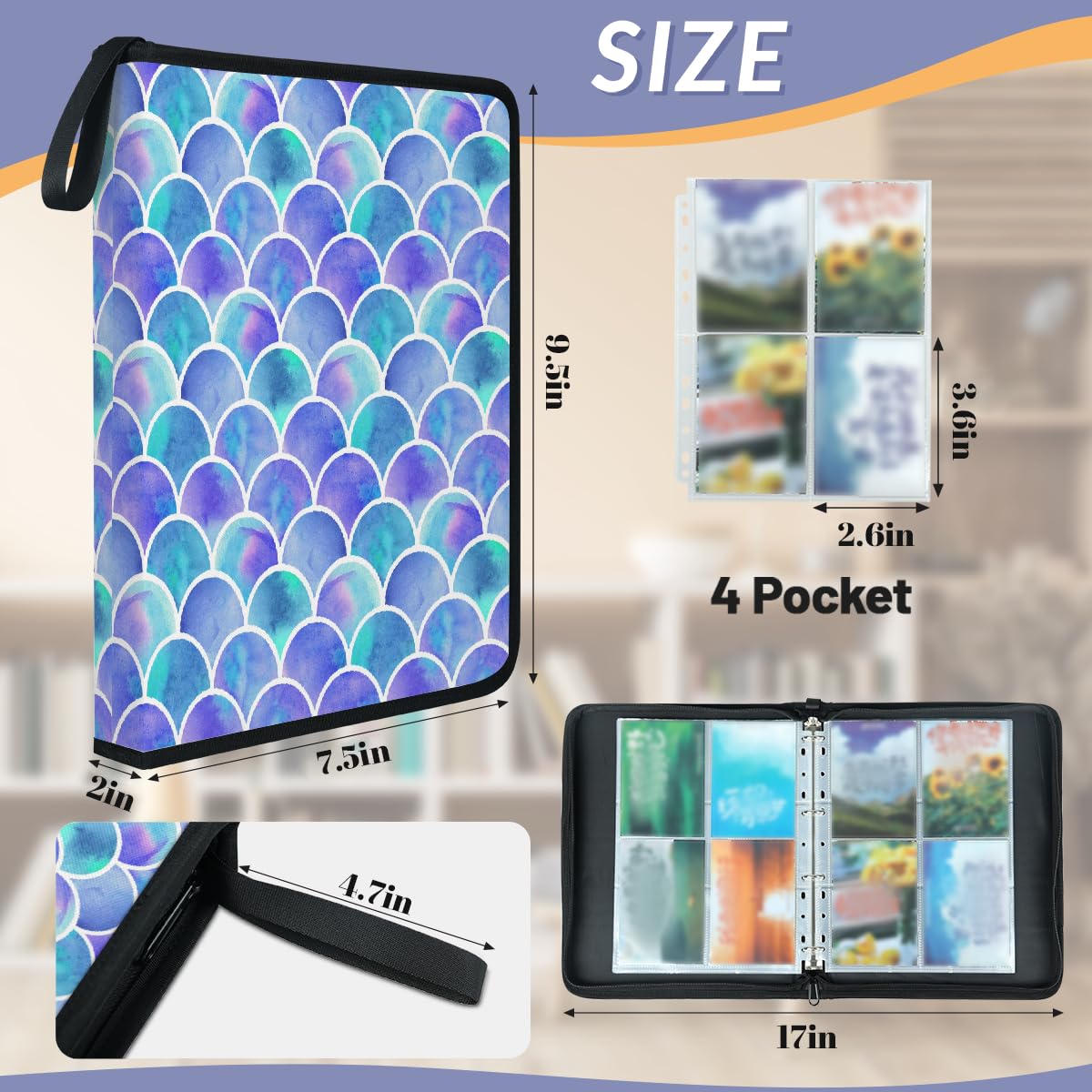 Raccoglitore per carte collezionabili con 4 tasche, motivo squame di sirena, con maniche rimovibili, impermeabile, con cerniera, 50 pagine, capacità 400 carte