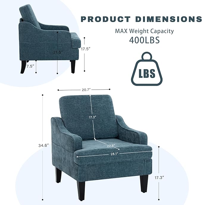 Sillón Tela Chenille Azul Patas Madera para Sala miniatura 2