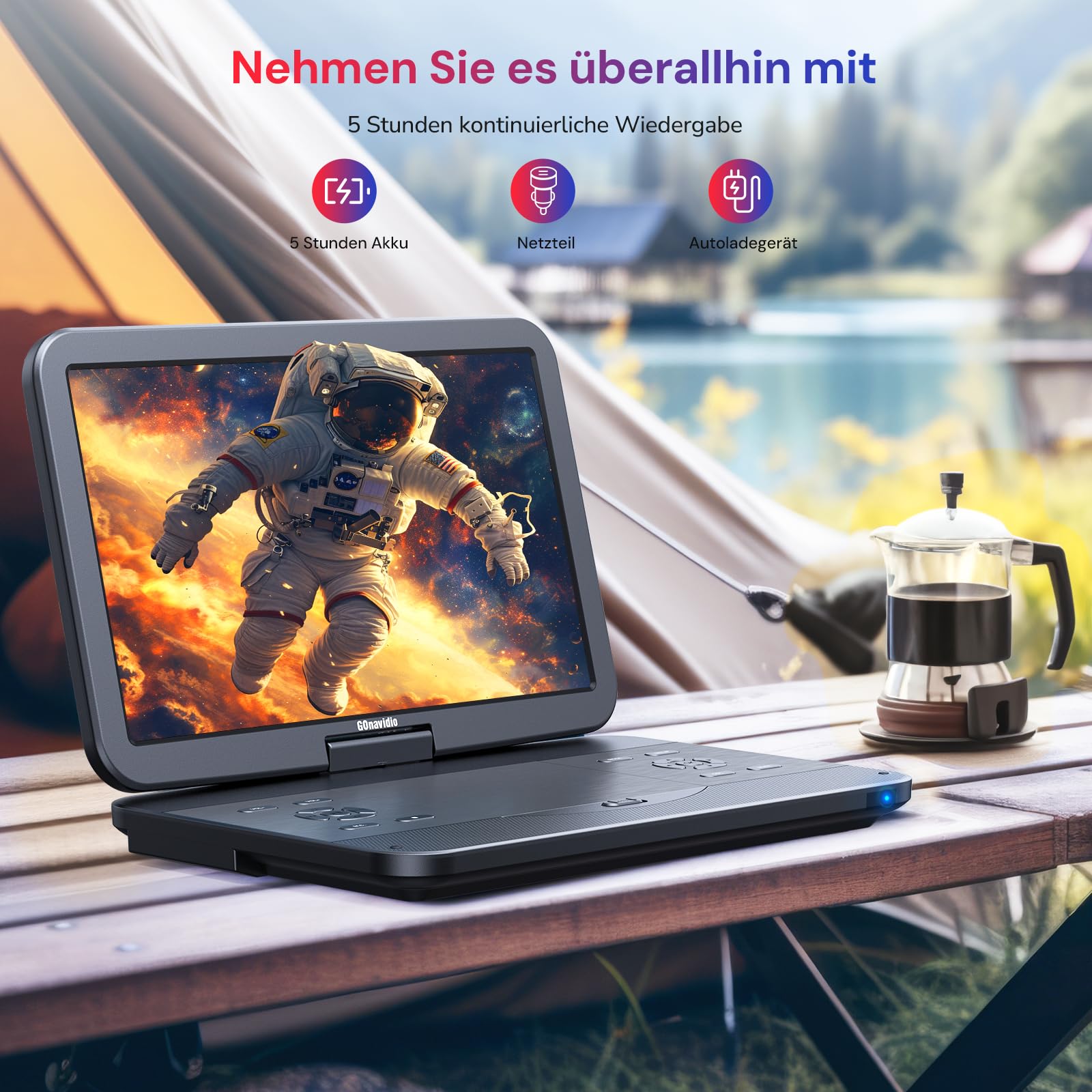 GOnavidio 15,4 Zoll Tragbarer Blu Ray DVD Player Mit HDMI Kabel, 270 ° drehbar HD 1920x1080, Blue Ray Player Tragbar Inklusive wiederaufladbarem 5 Stunden Akku USB/SD