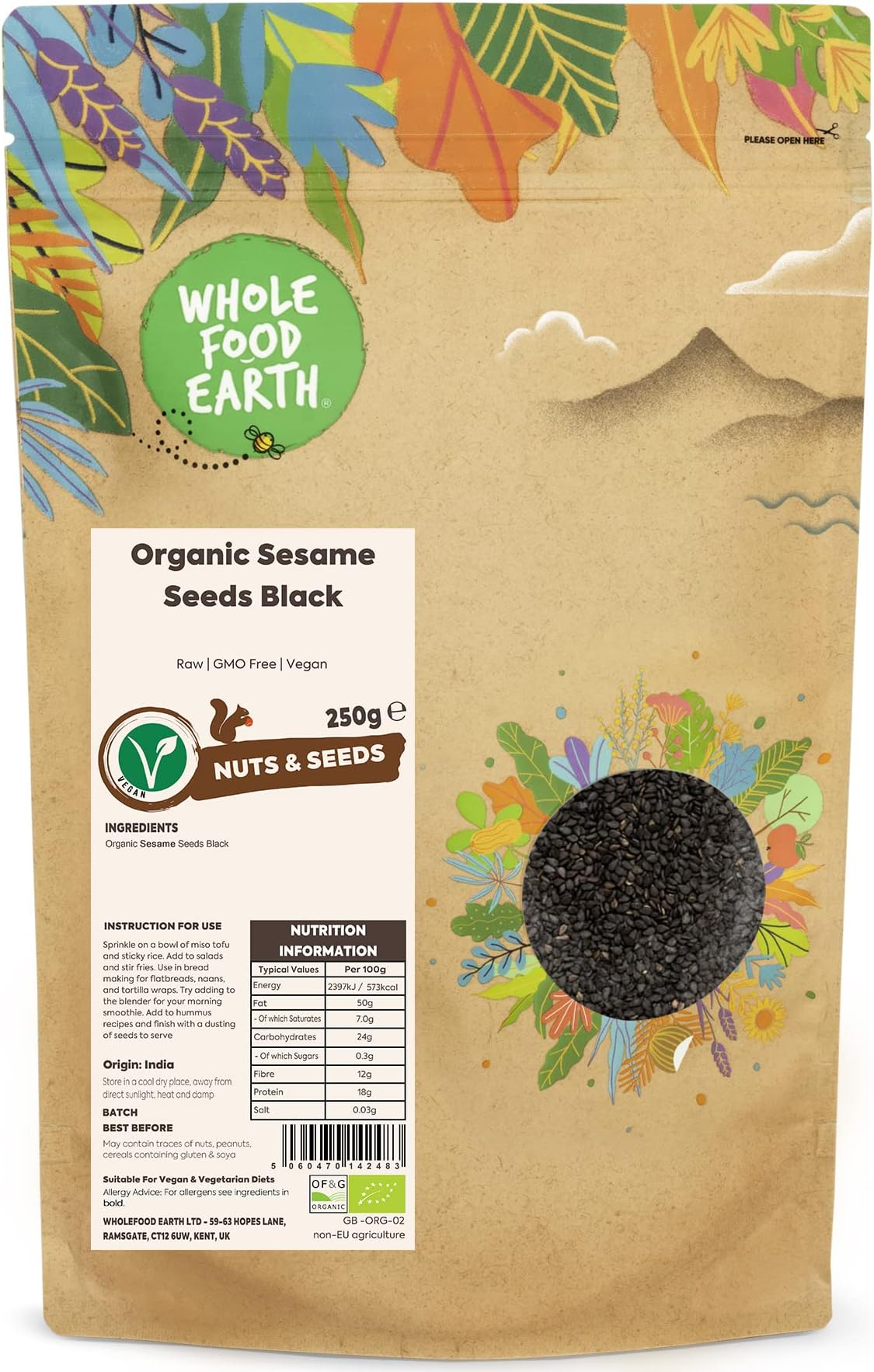 Wholefood Earth Organic Sesame Seeds Black 250g Raw | GMO Free | Vegan | Certified Organic