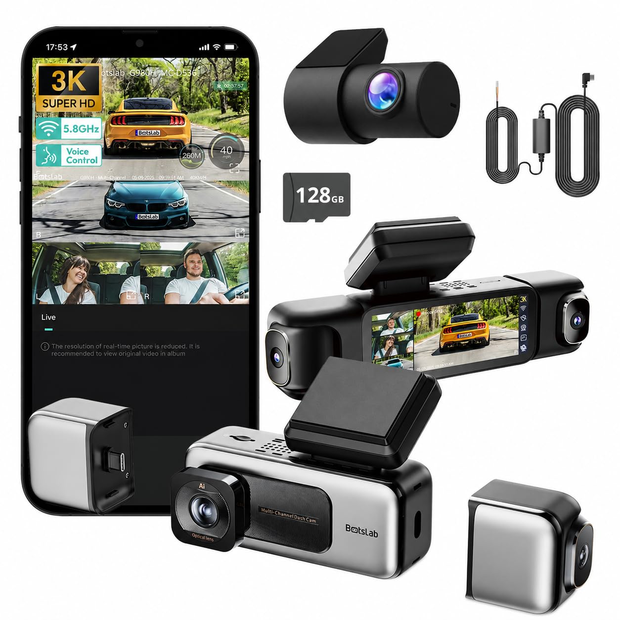 BOTSLAB Dash Cam Auto 4 Canali 360°, Kit Cablaggio, Touch, 128GB