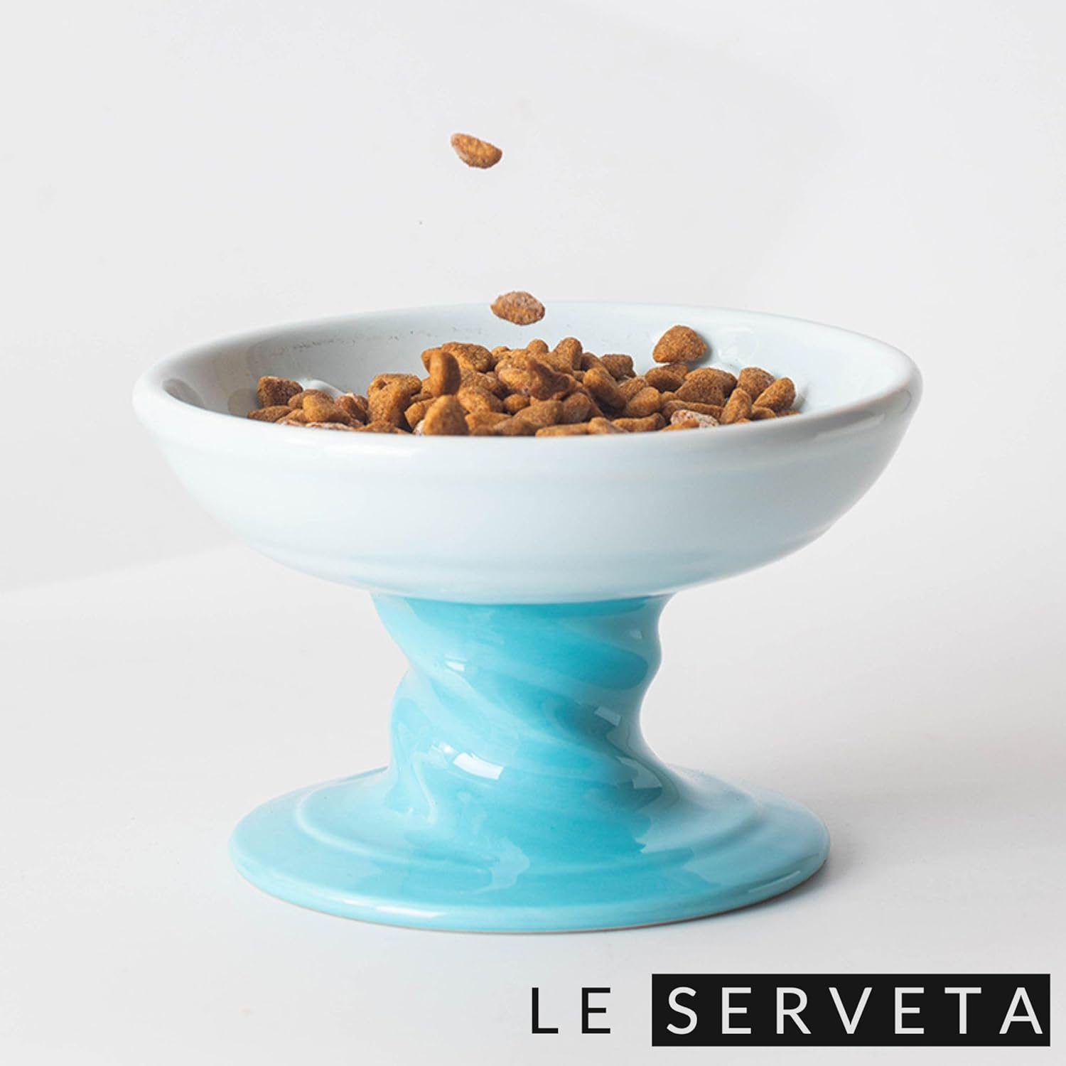 Elevated Twisting Design Cat Food Slow Feeder, Ceramic Raised Cat Dishes with Decorative Twisting Design Stand, Macaron Colors, Slow Feed Design (Blue)