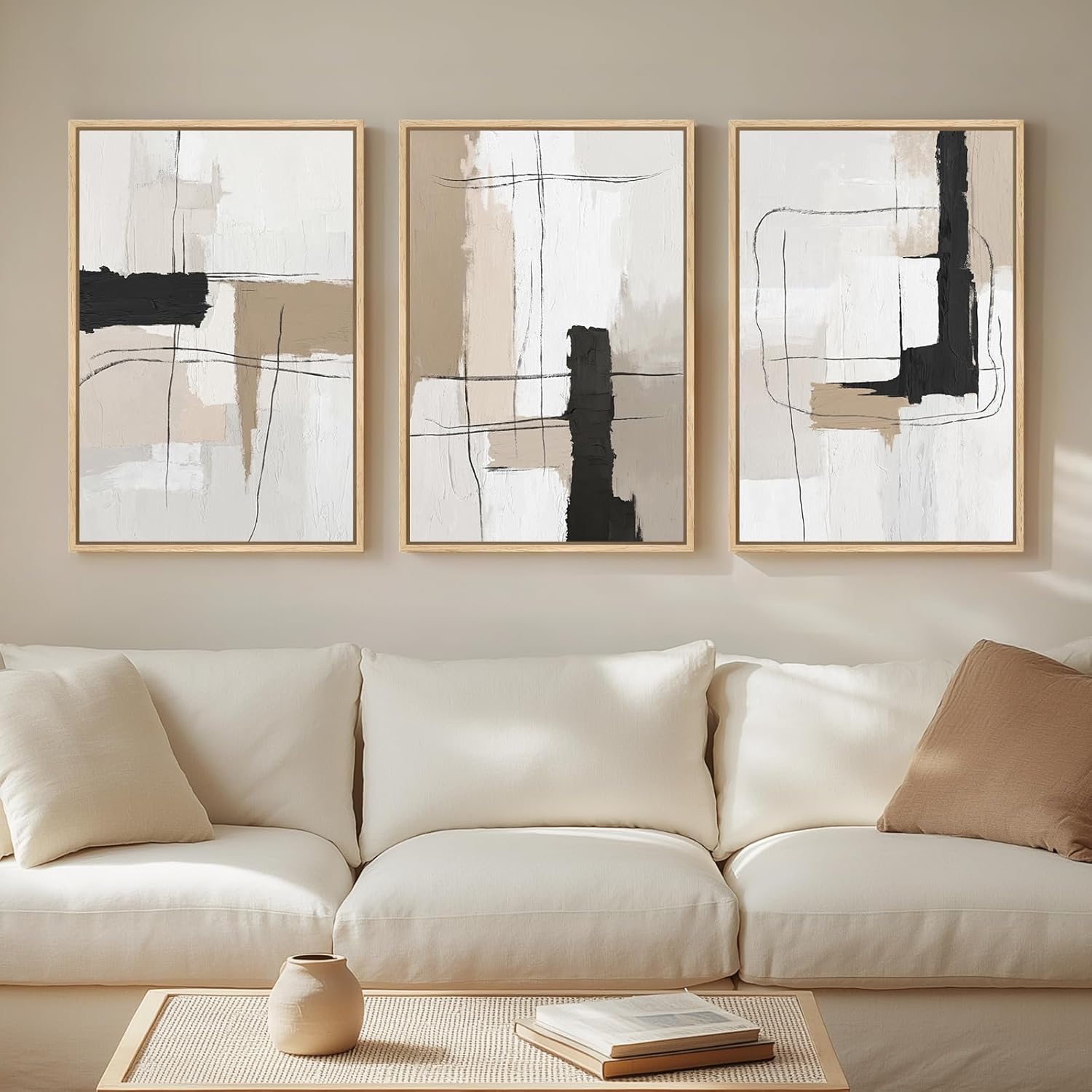 Framed Neutral Abstract Wall Art Set of 3, Modern Black and White Beige Canvas Prints Paintings Artwork for Walls, Minimalist Pictures for Bedroom, Living Room, Dining Room Wall Decor 16x24 In 16" W x 24" H x 3Pcs Minimalist