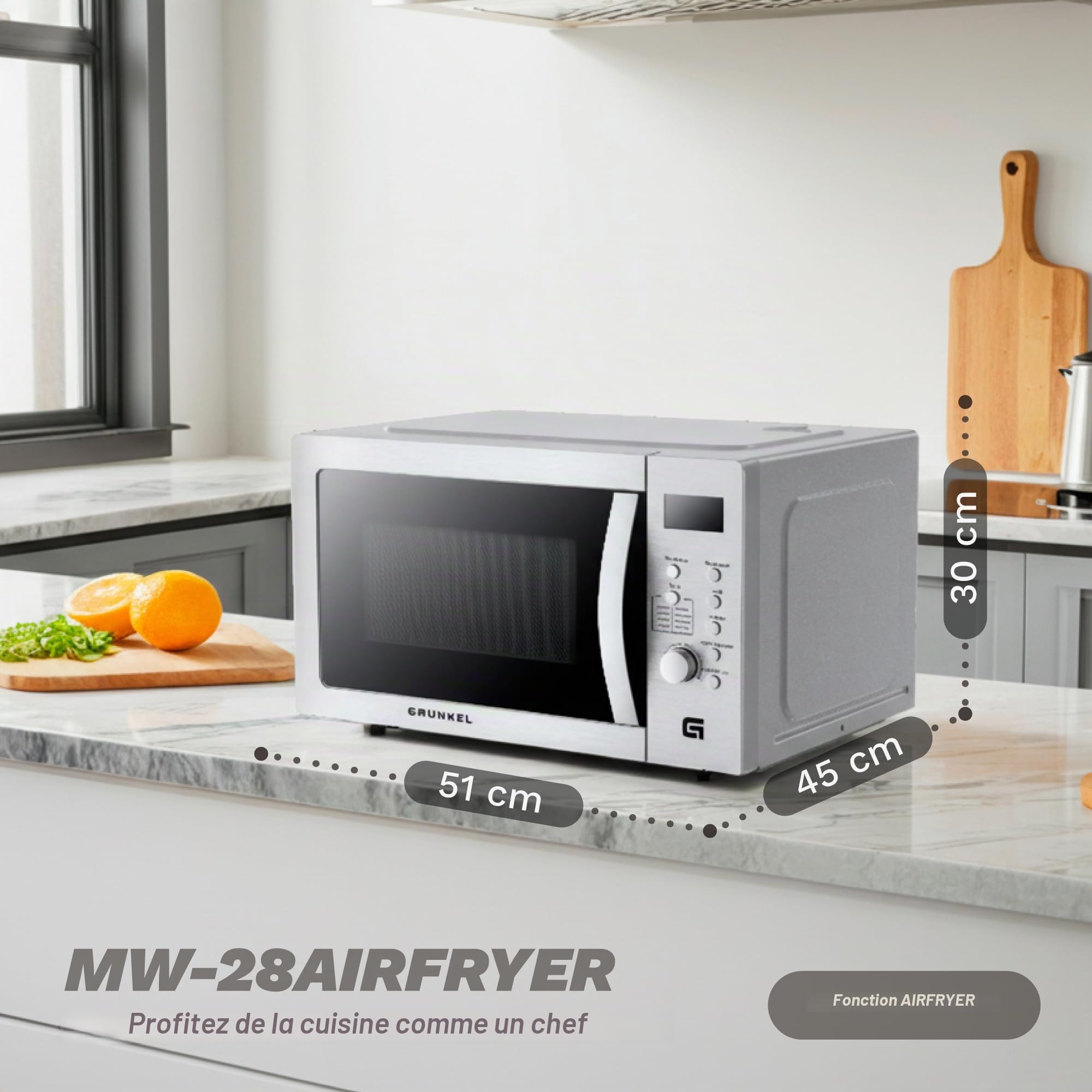 Four à micro-ondes avec grill et airfryer Grunkel MW-28AIRFRYER de 28 litres et 3 fonctions, micro-ondes 900 W, grill 1200 W, airfryer et four 2200 W avec 5 niveaux de puissance, 8 programmes et