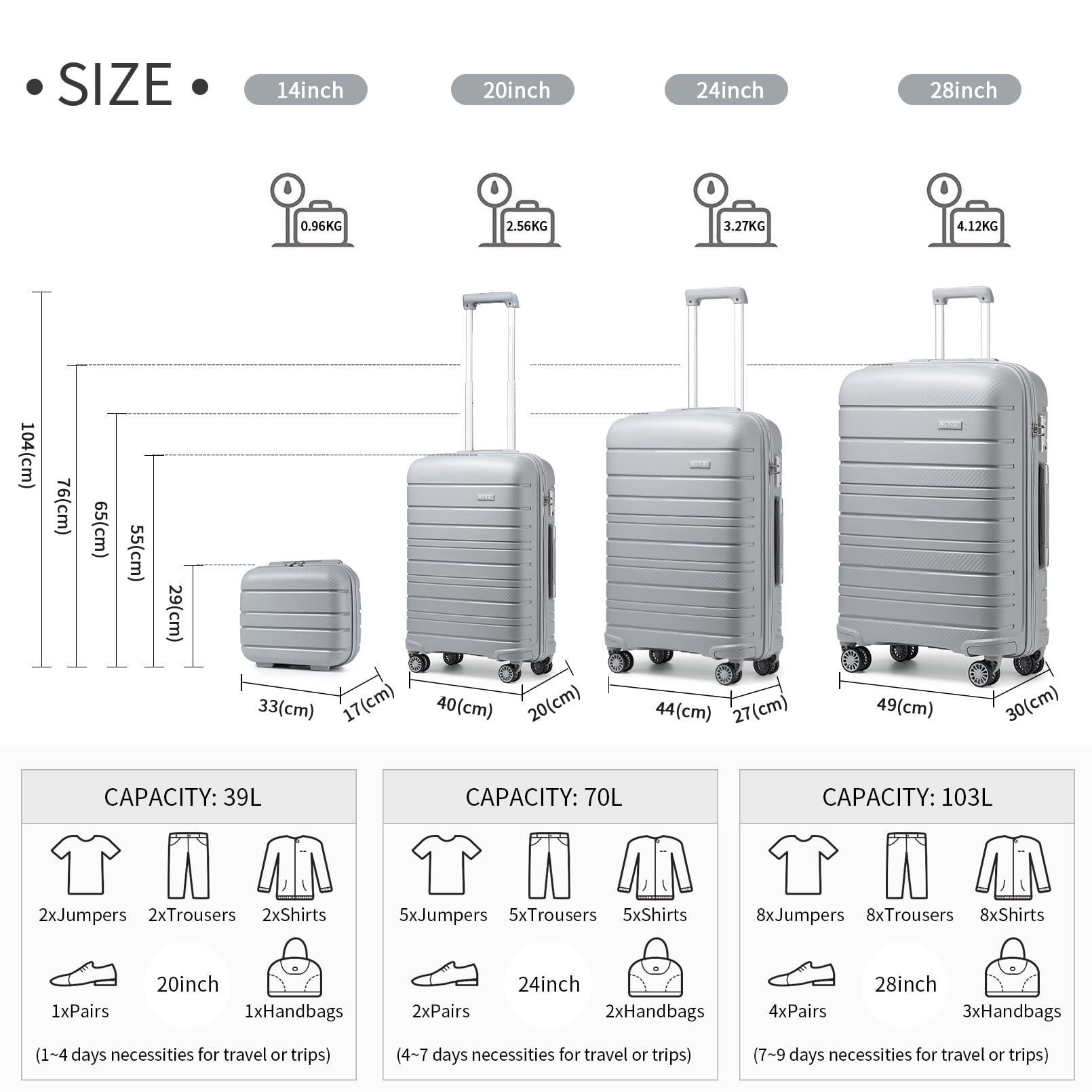 Kono Maletas de Viaje Cabina 4 Ruedas Equipaje de Mano Ligero de Polipropileno Maleta Mediana TSA y YKK con Cremallera Maletas Cabina Rígida 65C M66L (Gris)