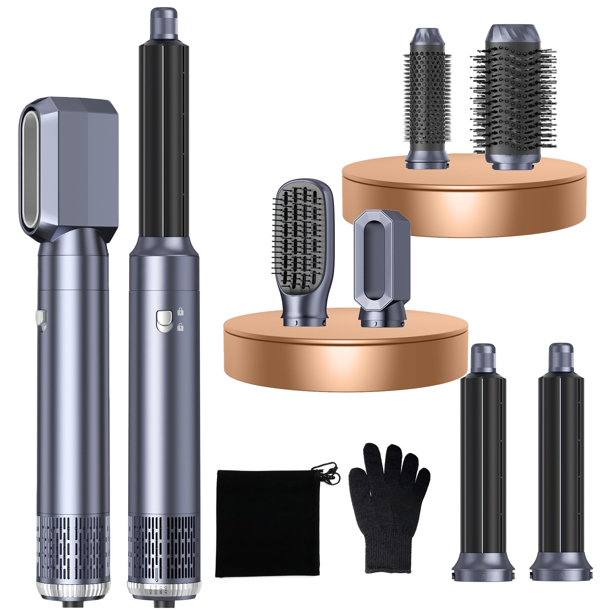 MogaWave Pro Air Styler 6 In 1 Hair Styler Avec 1000W Airbrush Hair Styler Brosse Soufflante Seche Cheveux, Brushing Brosse Soufflante, Auto Boucleur a Air, pour Sécher, Boucler, Lisser