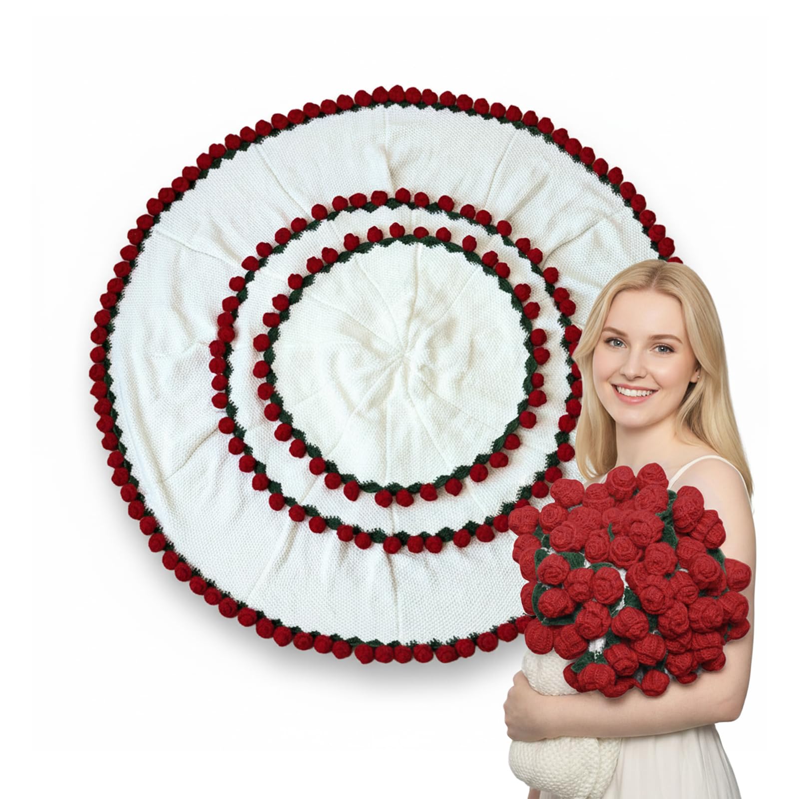 Bibykivn Bouquet of Flowers Blanket, Crochet Finished Flower Blanket, Blanket with Rose Ornamentation, Ideal as a Gift for Women on Valentine's Day and Birthdays (Red, 80 cm)