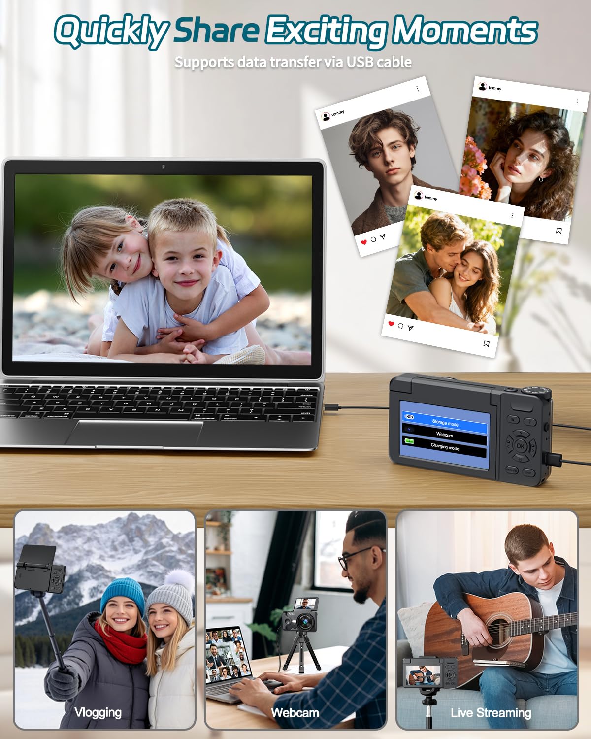 Digitalkamera 4K 64MP Autofokus Vlogging Kamera 3" 180° Klappbildschirm 18X Digitalzoom 2000mAh Akku 32GB Kompaktkamera Schwarz