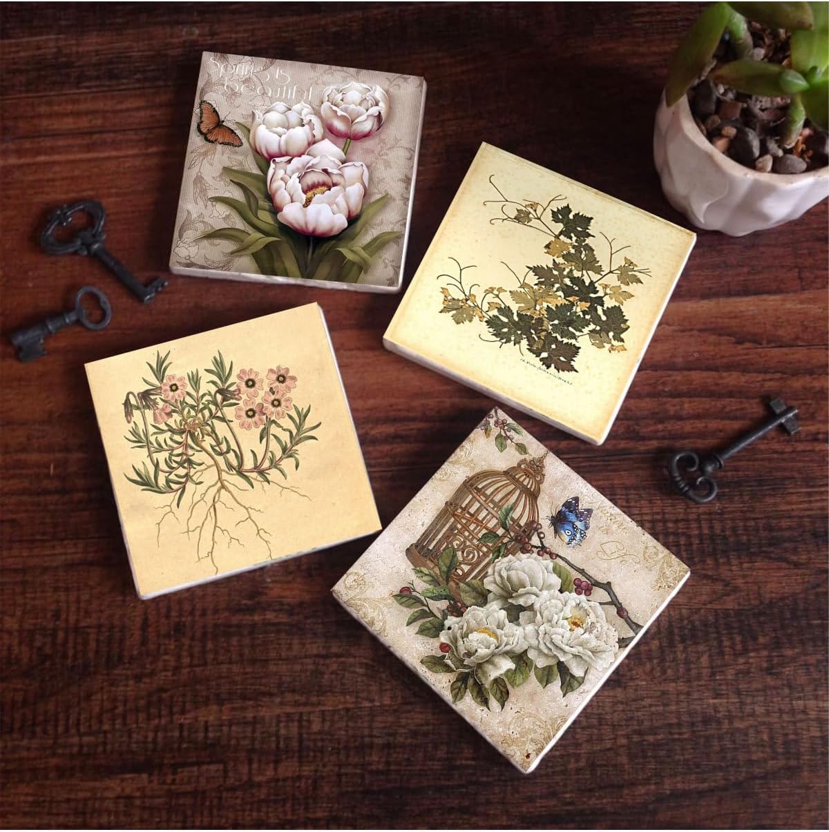 Pinecone Vintage Flower Butterfly Flower Stone Coaster Set - 4 Pieces - Decorative, Rustic Kitchen Accessory, 10x10cm with Non-Slip Base, Stylish and Durable SC292
