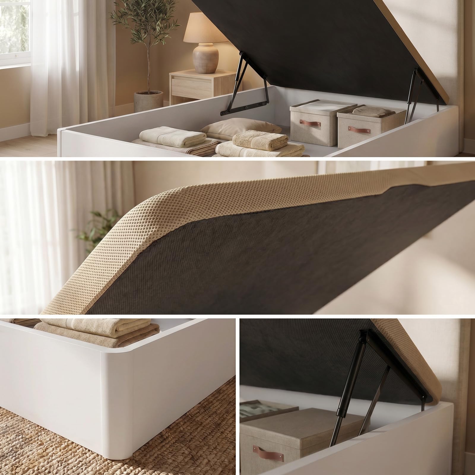 DUÉRMETE ONLINE - Canapé Abatible Blanco 135x190 cm, Gran Capacidad de Almacenaje, Estructura Súper Reforzada, Tapa 3D Transpirable, Incluye Subida a Domicilio