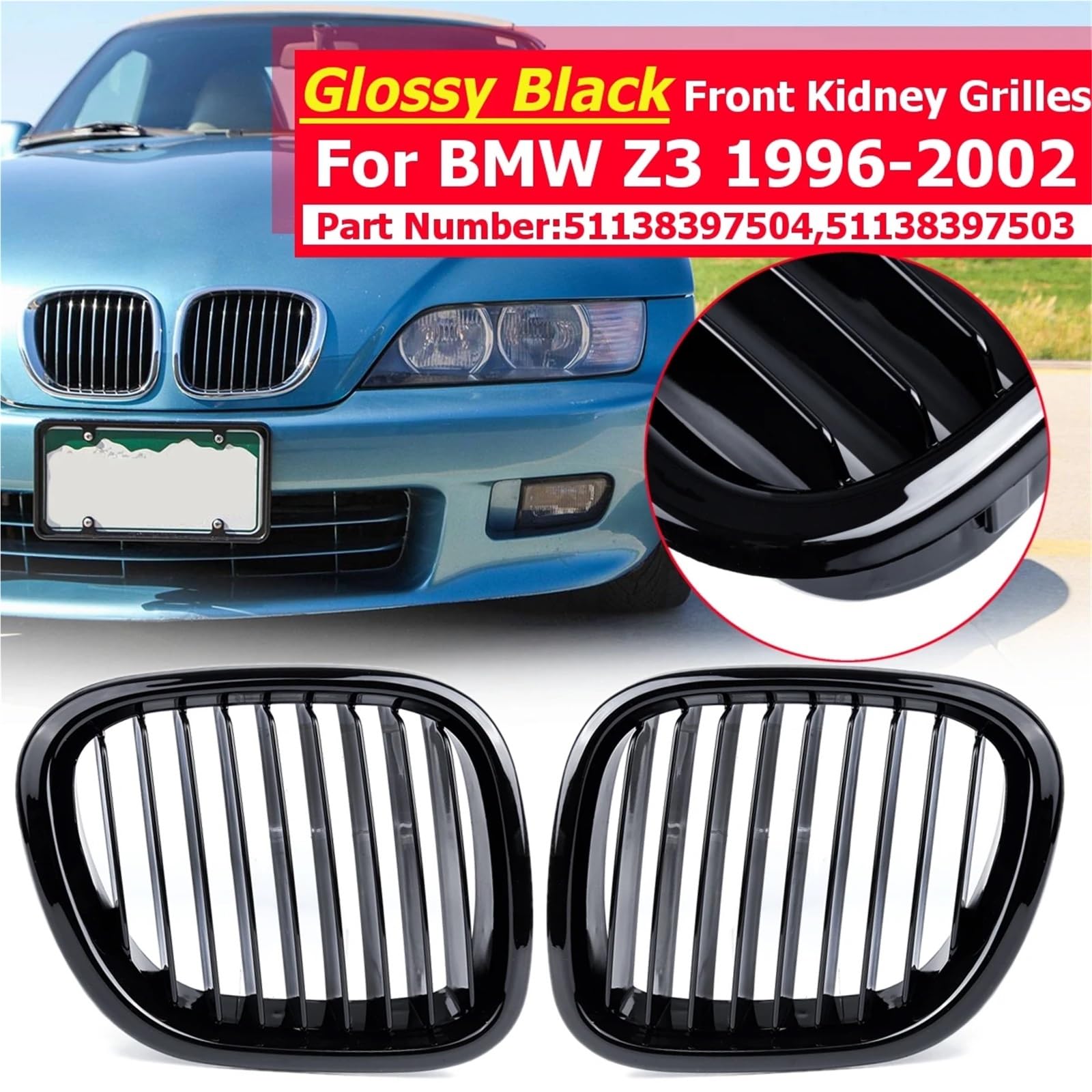 Błyszczący czarny zderzak przedni samochodu, grill nerkowy, grille wyścigowe pasujące do BMW Z3 1996 1997 1998 1999 2000 2001 2002 maska grill chłodnicy