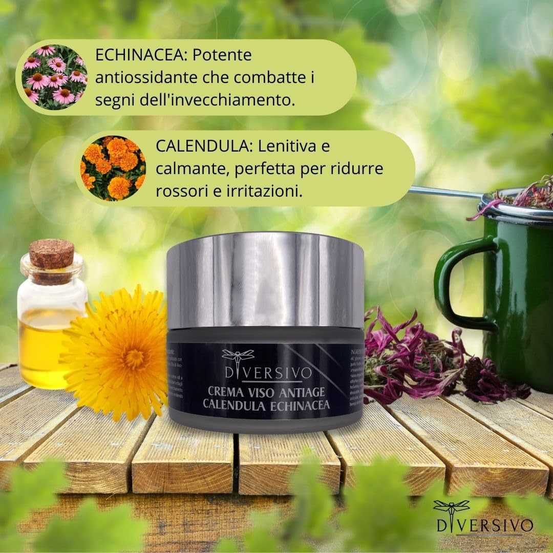 DIVERSIVO - Crema Viso Antirughe - Idratante e Rassodante con Echinacea, Calendula e Acido Ialuronico - Anti-Età Naturale - 50ml