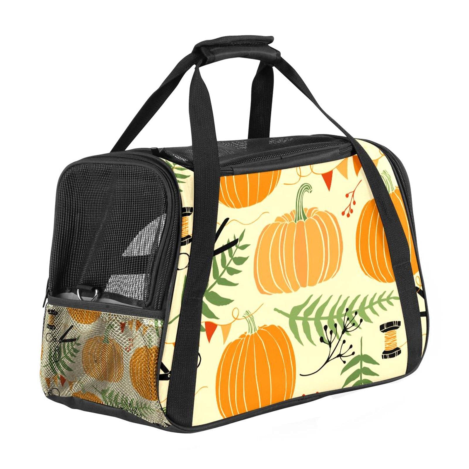 Transportador de mascotas cómodo para viajar con diseño festivo de calabazas y helechos
