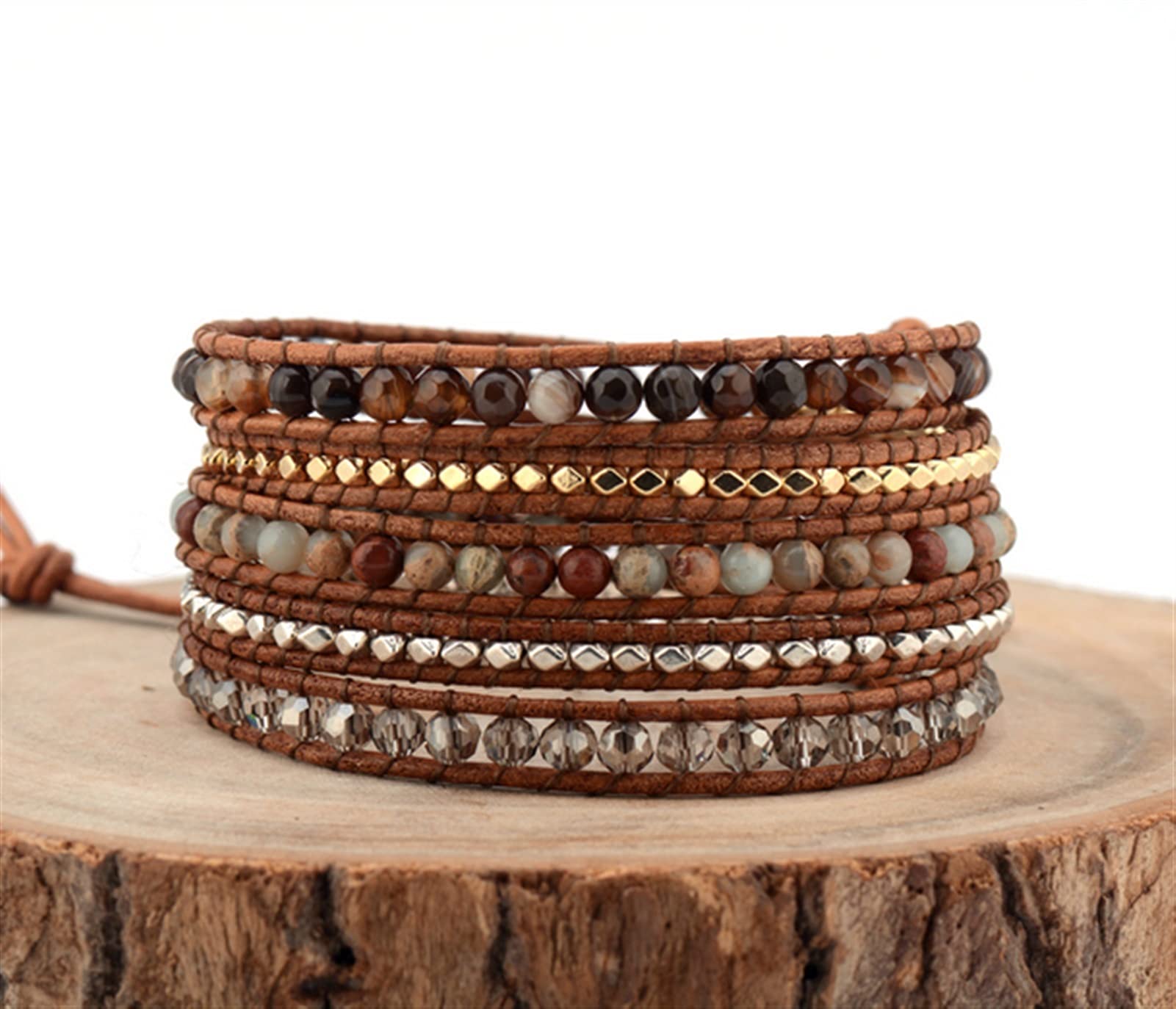 Naturstein-Armband, Naturstein, Onyx-Kristall, 5-lagiges Leder-Wickelarmband, mehrschichtiges Weben, Perlenarmbänder, Armband-Schmuck