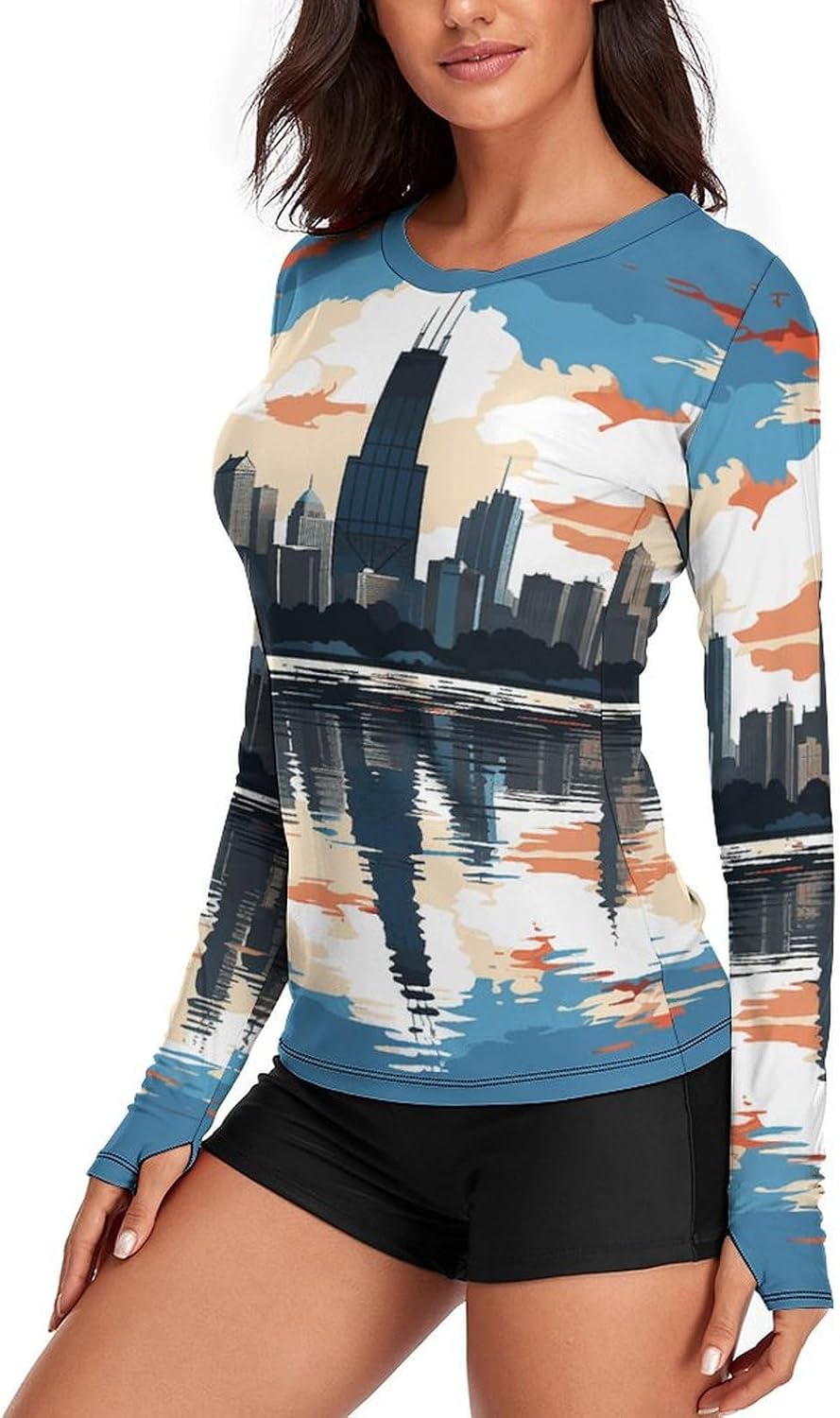 Chicago Skyline Rash Guard for Women UPF 50+ UV Sun Protection | Long Sleeve Workout Top Quick Dry Athletic Hiking Shirt Moisture Wicking Swim Shirt for Running, Cycling, Swimming