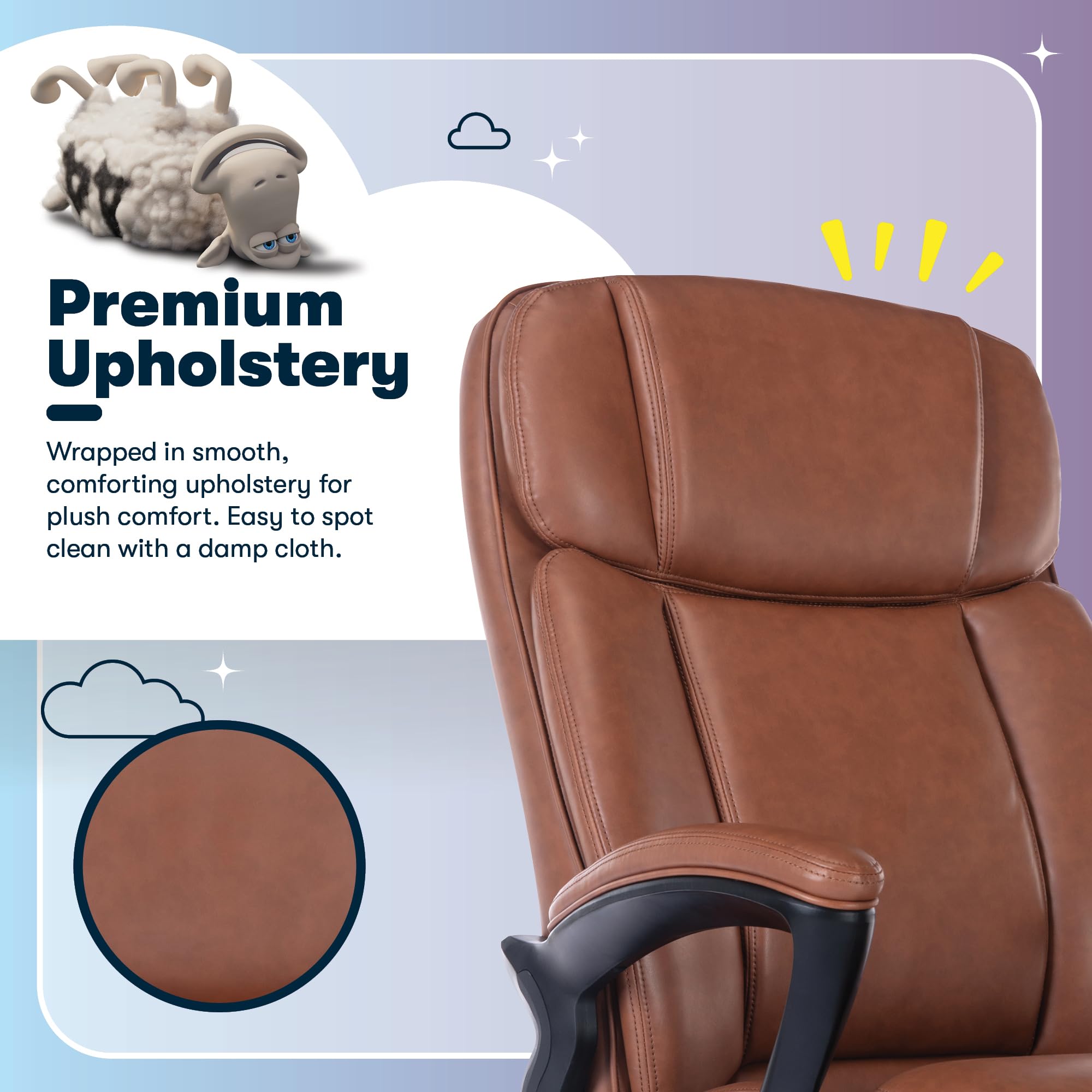 Serta Fairbanks Big & Tall Executive Office Chair, Ergonomic Comfy High-Back ComputerChairs with Lumbar Support, Semi-Plush Seat Cushion, Padded Armrests, Nylon Swivel Base, Bonded Leather, Cognac