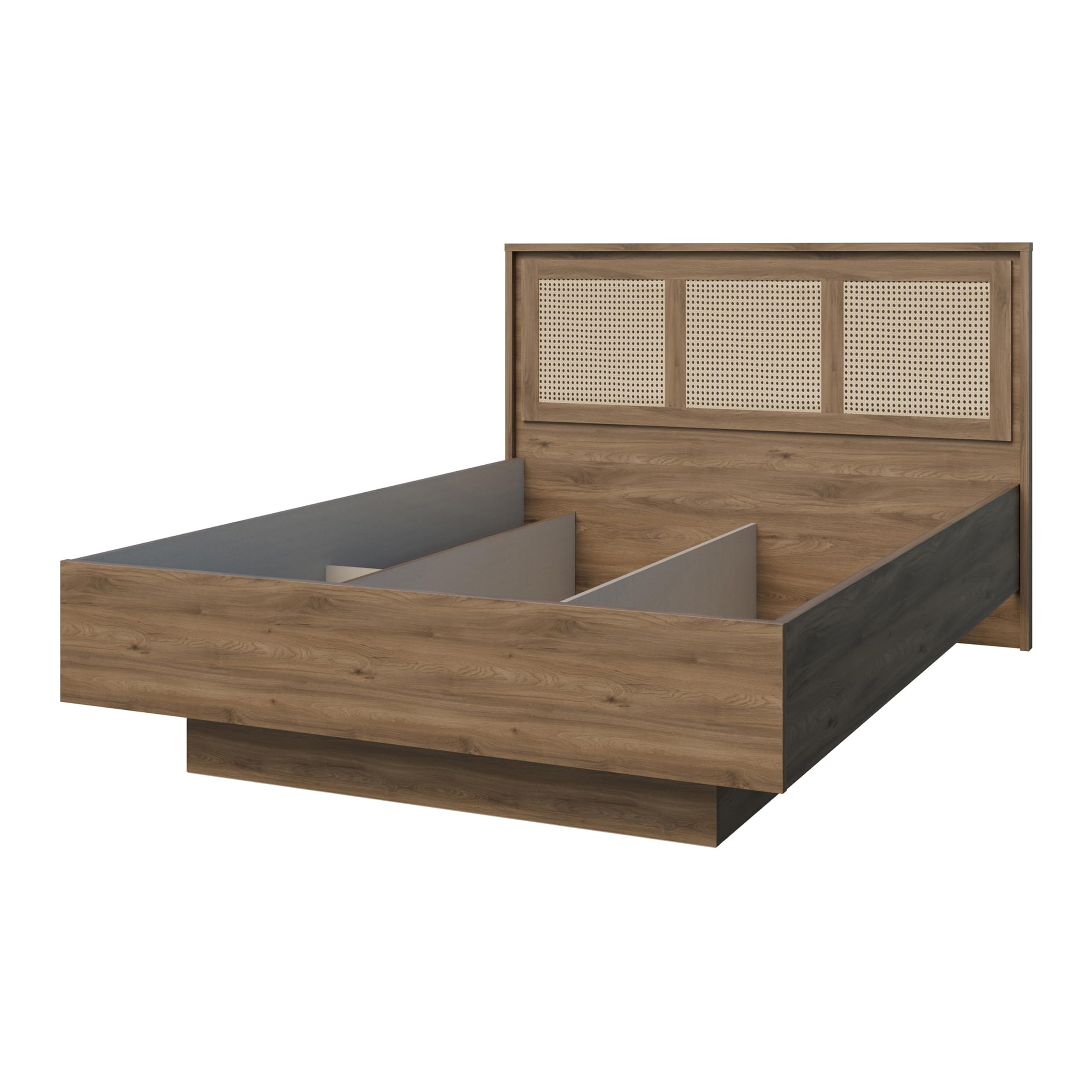 Forte GLENKEEN Bett, Liegefläche 140 x 200 cm, Bettgestell im Bohostil mit Rattangeflecht, Stauraum, Holzwerkstoff, Valencia Eiche Holzdekor|Naturrattan, 149,9 cm breit x 105,5 cm hoch x 204,9 cm tief