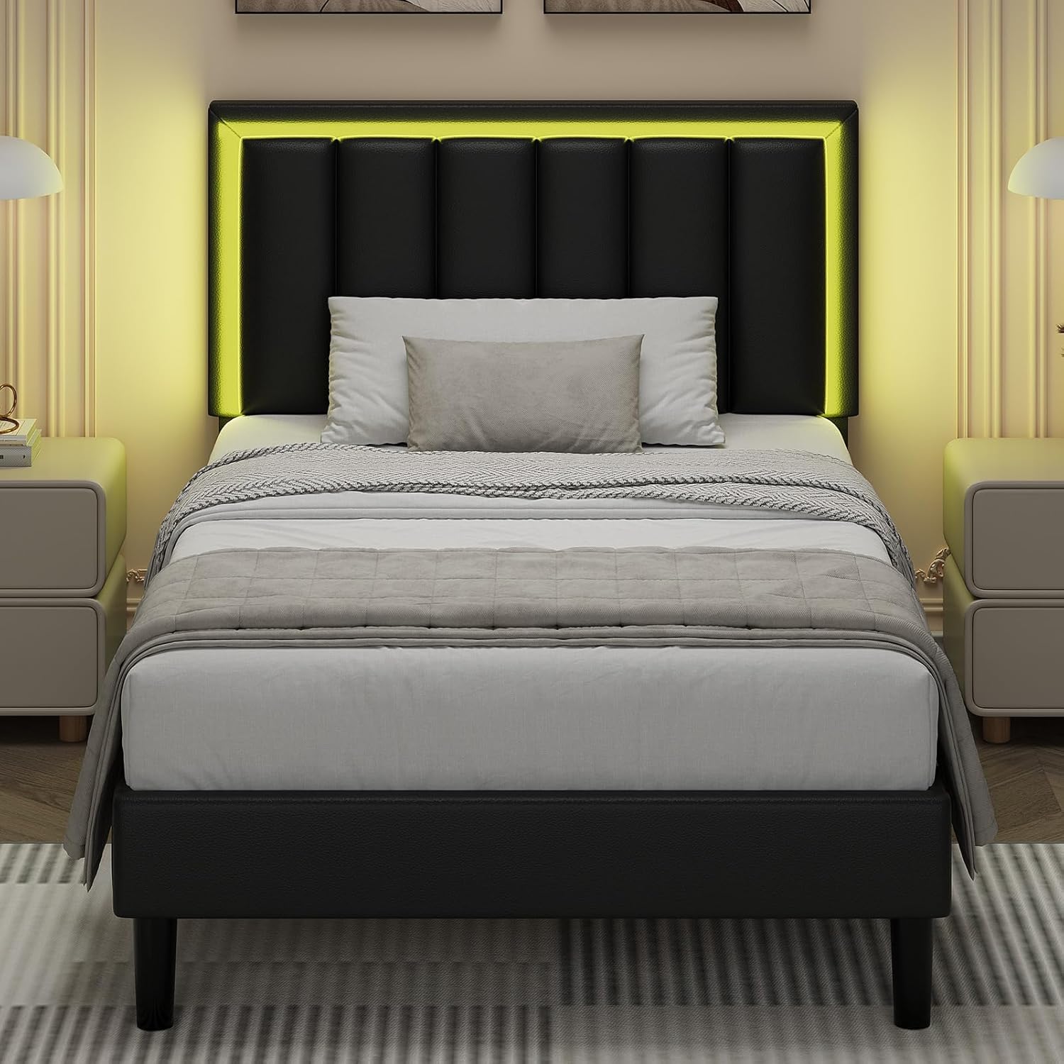 Twin Bed Frames with LED Lights, Twin Upholstered Bed Frame, Bed Frame Twin Size with PU Leather Headboard, No Box Spring Needed, Noise-Free, Easy Assembly, Black