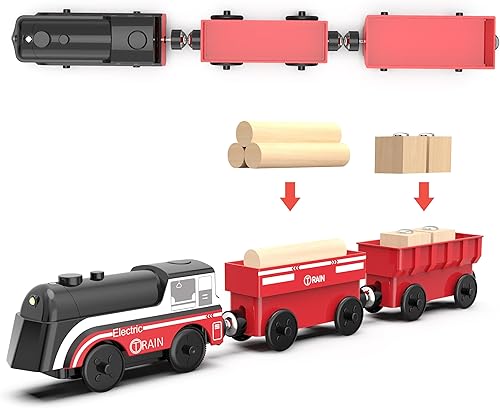 Miniatura 3 de Tren a pilas para pista de madera, tren motorizado para niños pequeños a partir de 3 años, juego de 3 juguetes de tren eléctrico compatible con