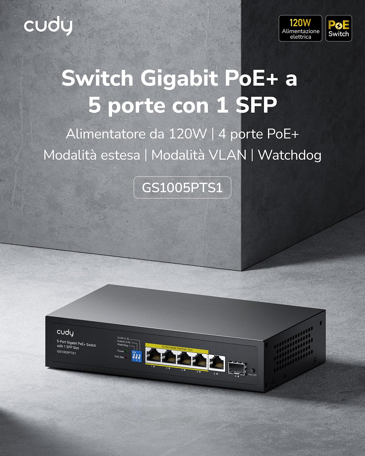 Cudy GS1005PTS1 Switch Gigabit PoE+ a 5 porte, PoE/PoE +, budget PoE 120 Watt, massimo 60 watt una porta, 4 porte PoE, 1 porta RJ45 uplink, 1 SFP, 802.3 at/af, VLAN, estensione a 250 metri | 4 porte GbE 802.3af/at con Hi-PoE P1, 1 porta GbE upstream, 1 po