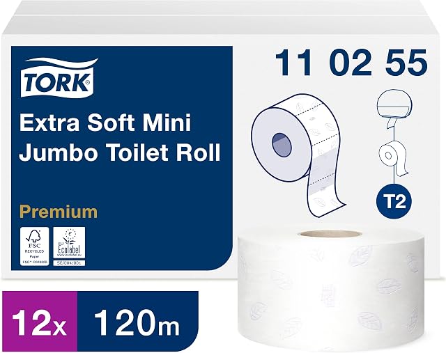 Tork Extra Soft Mini Jumbo Toilet Paper Roll White T2, Premium, 3-ply, 12 x 120 metres, 110255
