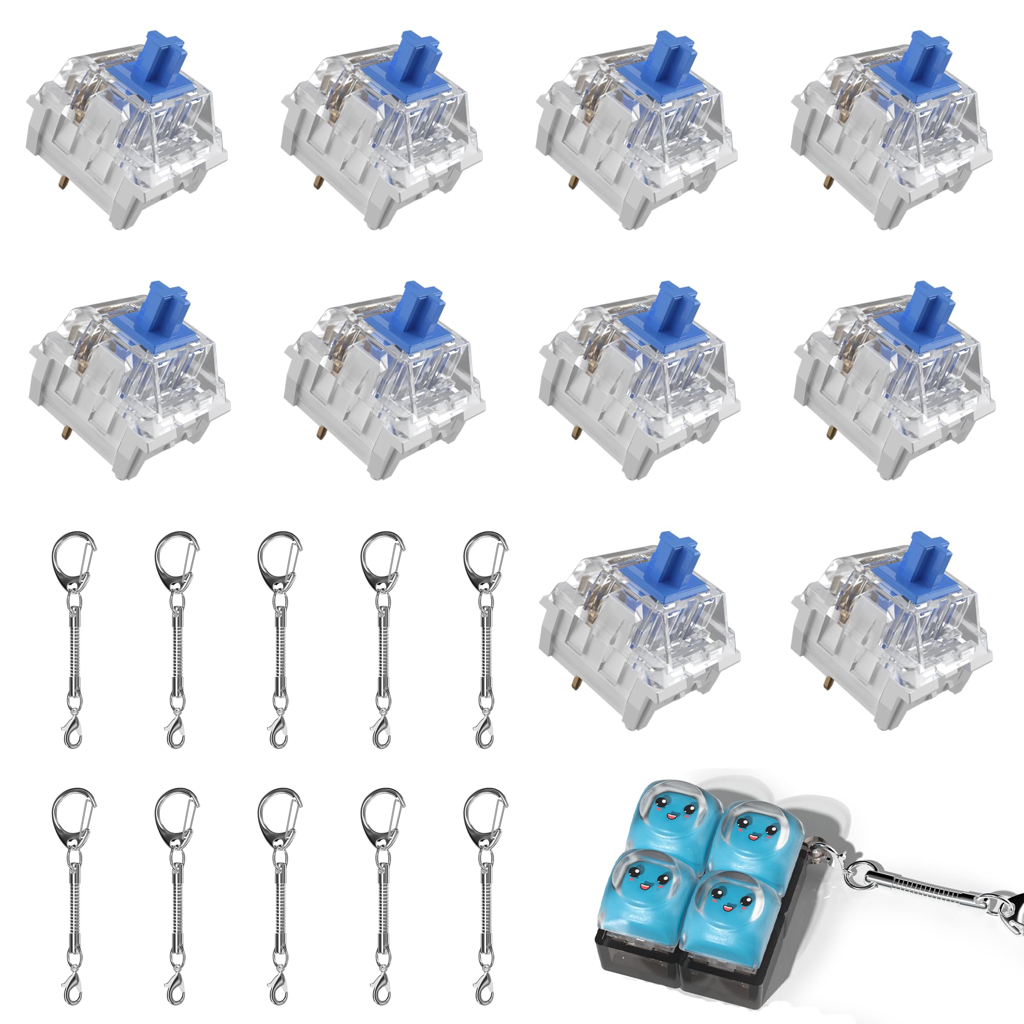 Zhouwang 150PCS Blue Click Switch,10Pcs Keychains,1Pcs keyboard clicky Toy