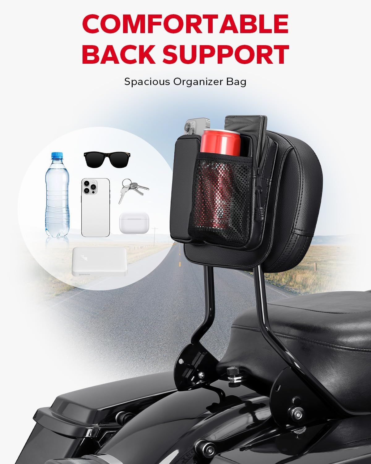 Amazicha Passenger Sissy Bar Backrest, Quick Release Backrest Sissy Bar with Storage Bag Fit for Harley Davidson Road Glide Road King Street Glide Electra Glide 2009-2024, Black