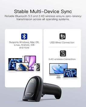 Inateck Wireless 2D Barcode Scanner Bluetooth, 1MP QR Code Reader with 2 2000mAh Batteries, 130ft Bluetooth Range, Plug and Play for Windows Mac Android iOS