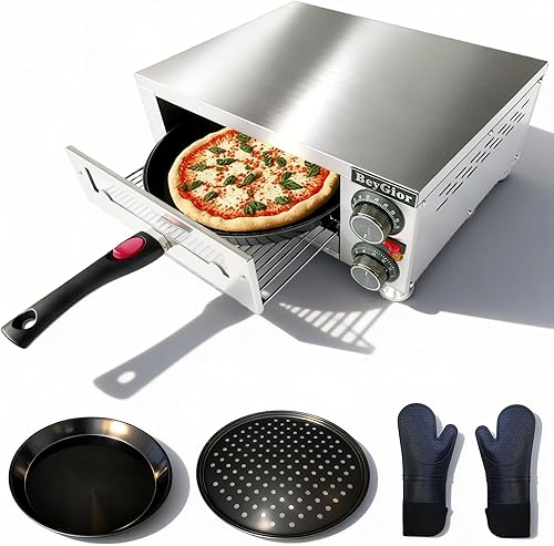 Miniatura 10 de Horno eléctrico de pizza para interiores, horno de pizza de encimera con dos bandejas para hornear de 12 pulgadas, guantes de horno, máquina de