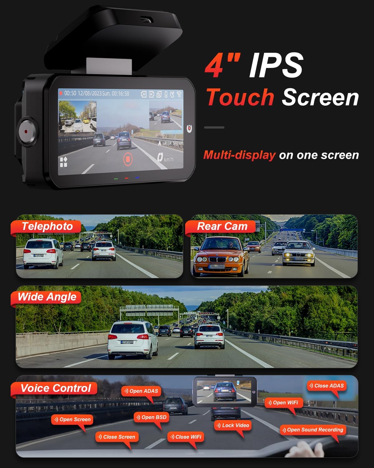 2K 5Ghz WiFi Dash Cam Front and Rear,4" IPS Touchscreen Dash Camera for Cars,3 Channel Dashcams with GPS, ADAS&BSD,WDR Night Vision,Voice Control,APP Control,G-Sensor,24H Parking Mode+64G -AKEEYO-EYES