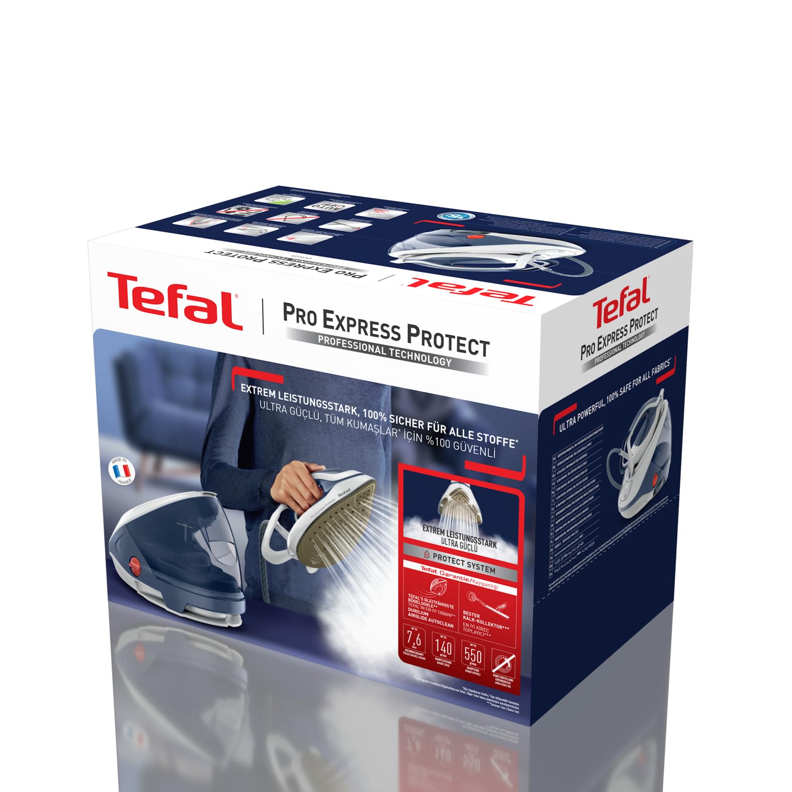 Tefal Pro Express Protect Dampfbügelstation, 7,6 Bar Dampfdruck, variable Dampfmenge: 140 g/Min., Dampfstoß: 550 g/Min., Anti-Kalk-Kollektor, vertikale Dampffunktion, blaugrau/weiß, GV9225