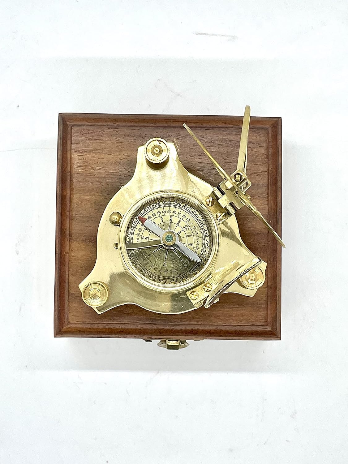 Handmade Brass Sundial Compass Vintage, Antique, Navigation Direcional Finder Pocket Compass for Military Army Camping, Hiking Outdoor with Wooden Box 3