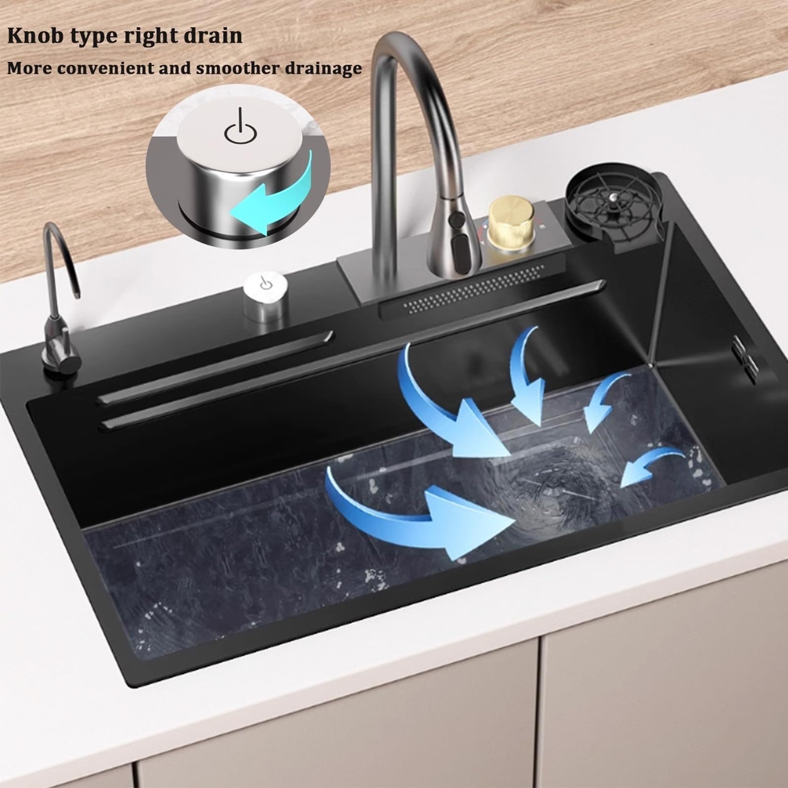 Smart Stainless Steel Nano Black Sink Kitchen Temperature Display Piano Key Waterfall Kitchen Sink
