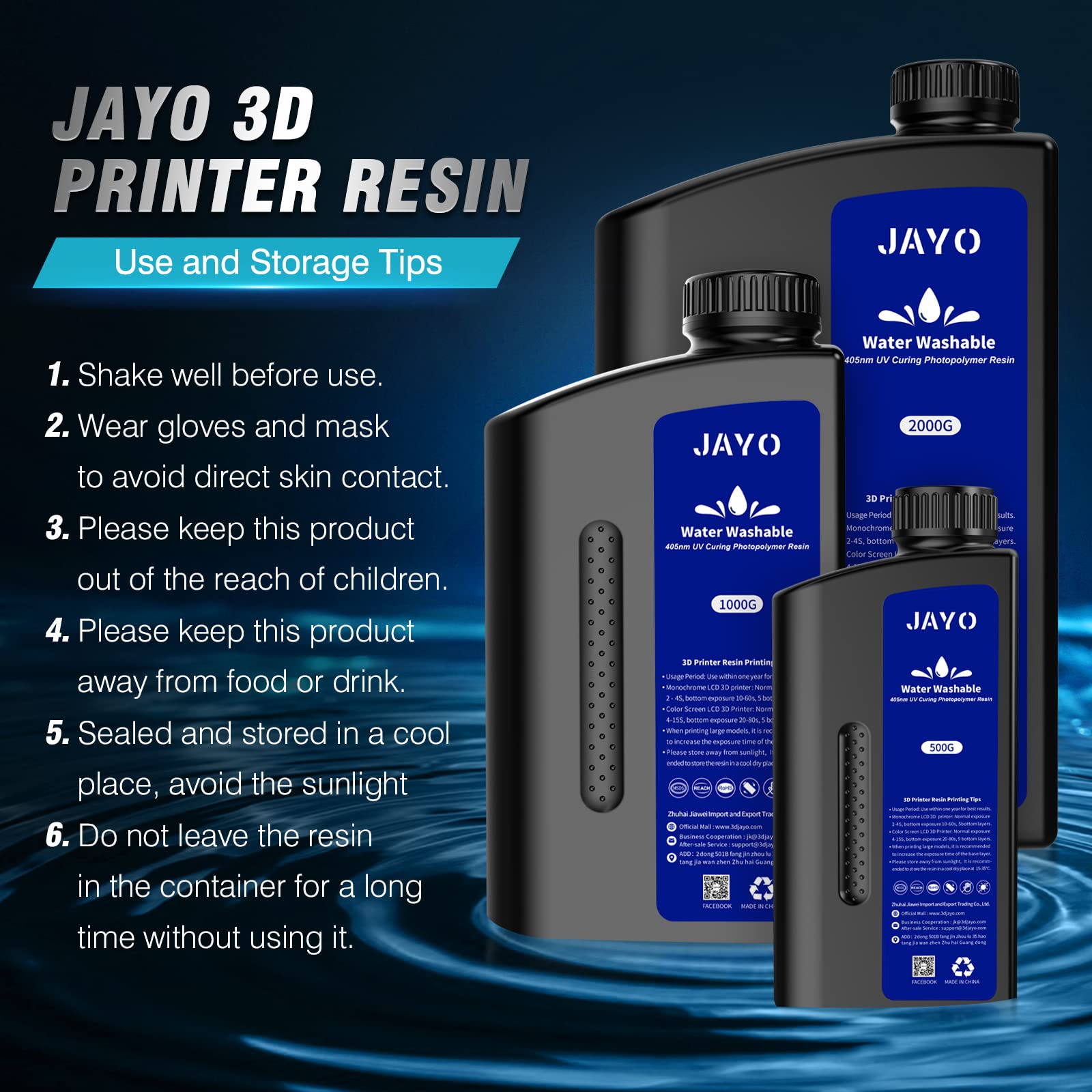 JAYO Zmywalna żywica do drukarki 3D, 2 kg, szybkoschnąca żywica 3D, do drukarki 3D 4K/6K/8K LCD/DLP/SLA, standardowa, fotopolimerowa utwardzana wodą, szara, 2000 g